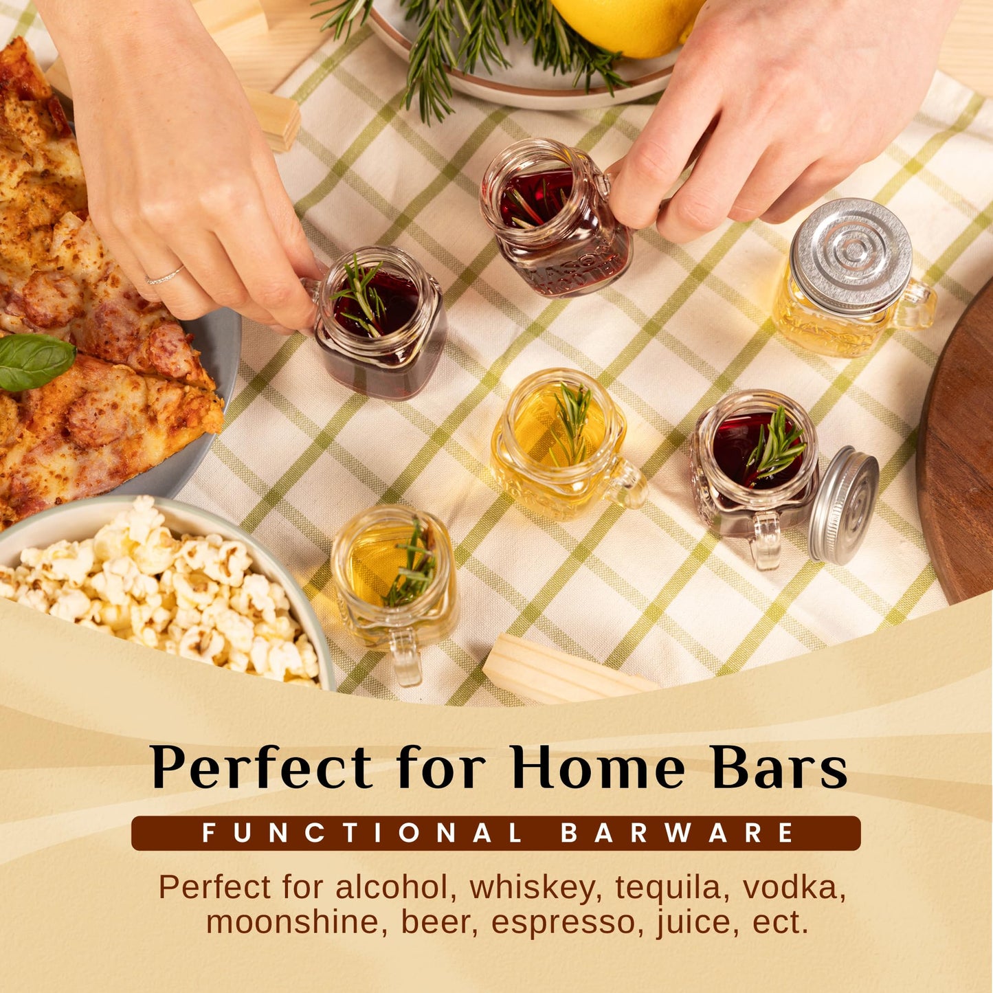 Small Mason Jar Shot Glasses with Lids (8pc Set) 2oz Tiny Glass Jars with Handles for Adult Party Favors, Juice, Alcohol, Unique Funny Shot Glass, Moonshine Shooter, Cute Mini Beer Mug, Christmas Gift