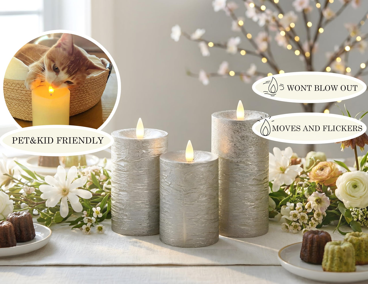 CozierGlow Shiny Metallic Silver Flameless Pillar Candles, Patented 3D Realistic Moving Flickering Flame with Remote Timer, Battery Operated 400hrs for Wedding, Holiday, Party, Decor, Gift(Set of 3)
