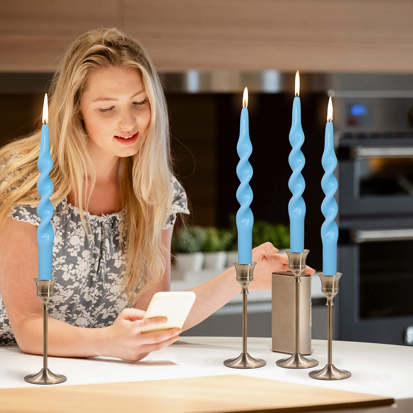 10 Inch Taper Candles Candle Sticks Unscented Handmade Set of 4 Long Burning Smokeless Twisted Candlesticks for Wedding Decoration Home Party(Blue)
