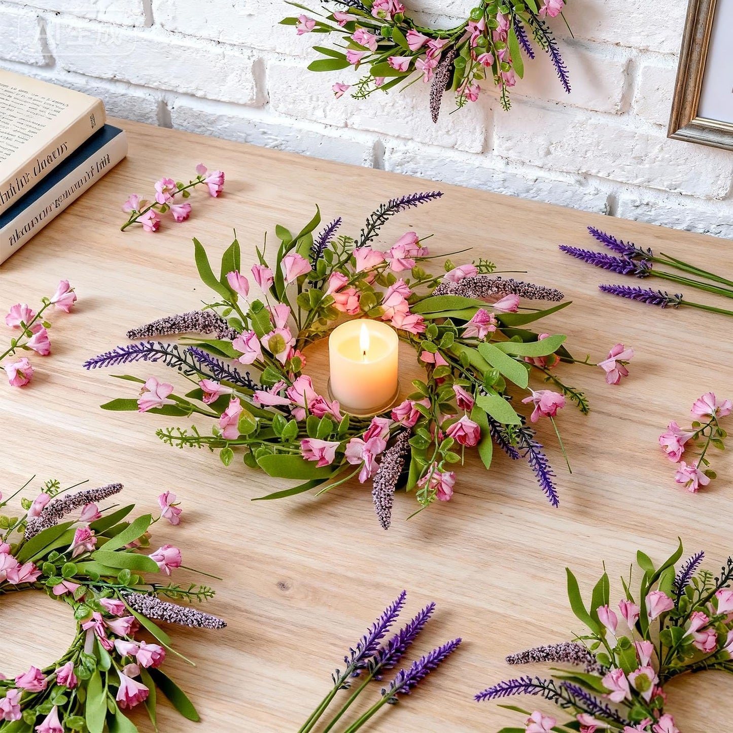 4 PCS Spring Summer Artificial Flowered Wreath Candle Rings Forsythia Lavender Candle Rings Pillar Holder Wreath Mini Floral Candle Rings Wreaths Kitchen Cabinet Swags for Wedding Home Tabletop Decor
