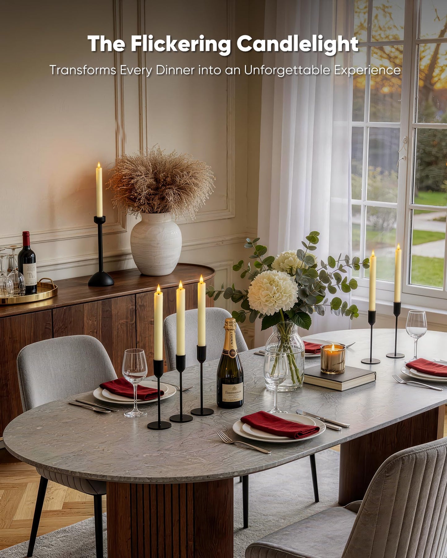 Homemory 12 Pcs Waxy Flameless Taper Candles with Remote, Flickering Battery Operated Taper Candles, Led Flameless Candlesticks Classic Tall Candle for Home, Wedding, Party, Ivory, 9.6 inches
