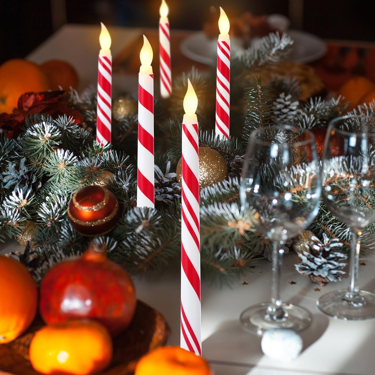 Kittmip 6 Pcs Christmas Flameless Taper Candles 11 Inch Long Candy Cane White Red Battery Operated LED Candles Table Centerpiece for Xmas Winter Holiday Party Decor