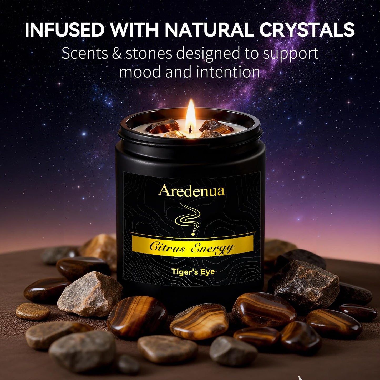 Aredenua Crystal Candle with Tiger Eye Healing Crystals, Citrus Aromatherapy Candle for Confidence, Natural Soy Wax Scented Candle with Real Gemstone, 7oz Long Burning, Motivational Chakra Gift