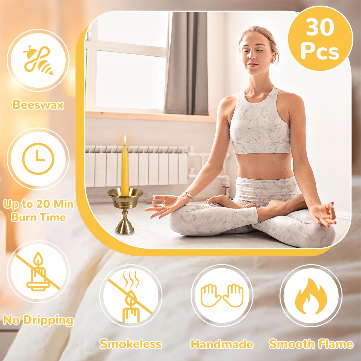 20 Min Beeswax Meditation Candles – 30 Pack, Includes Mini Candle Holder & 12 Wax Dots, Slow Burn, Natural Unscented, Yoga Prayer Mindfulness & Relaxation