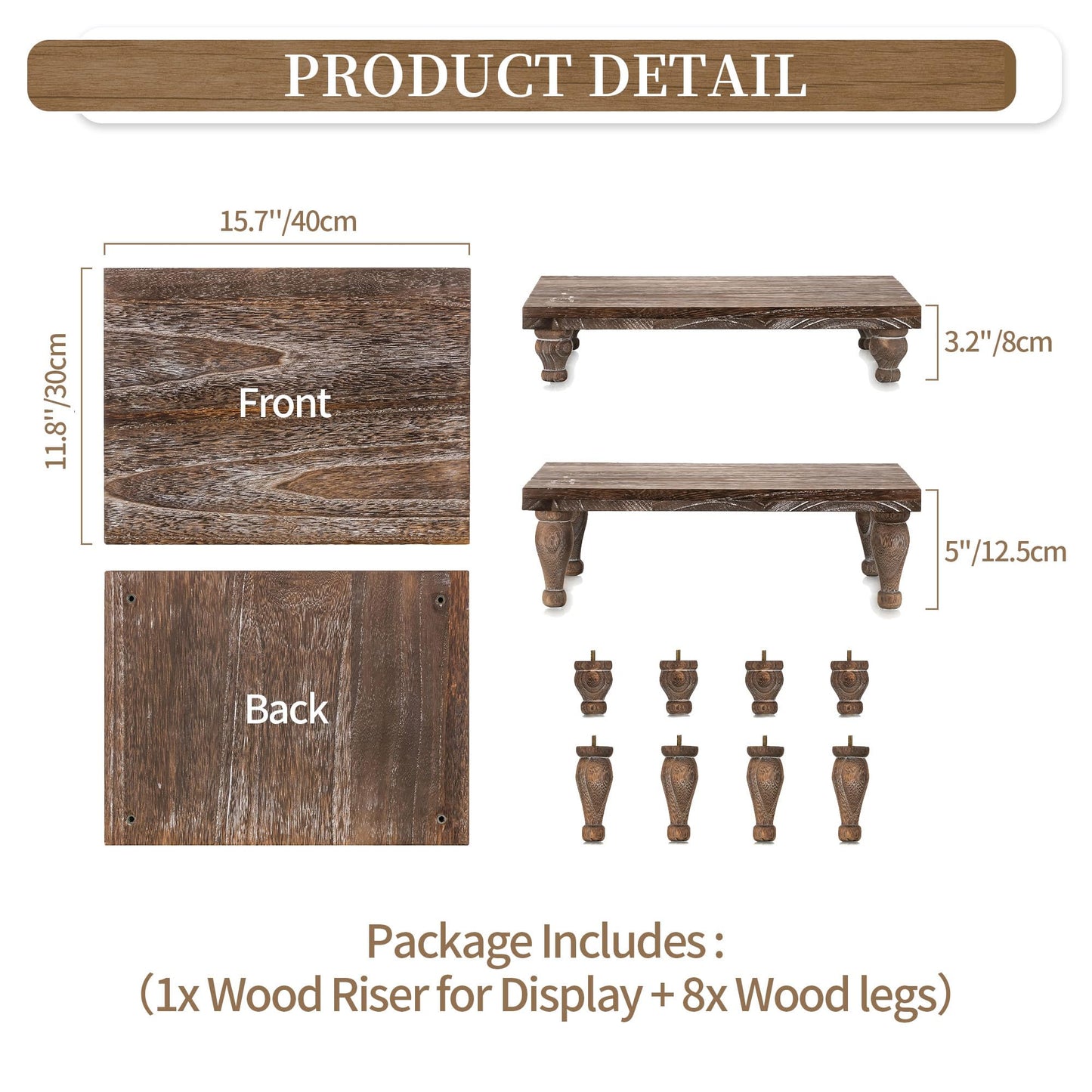 Hanobe Wooden Riser Decorative Tray: Farmhouse Wood Pedestal Display Stand - Rustic Brown Coffee Table Decor for Kitchen Dining Home Decor, Short & Tall Footed