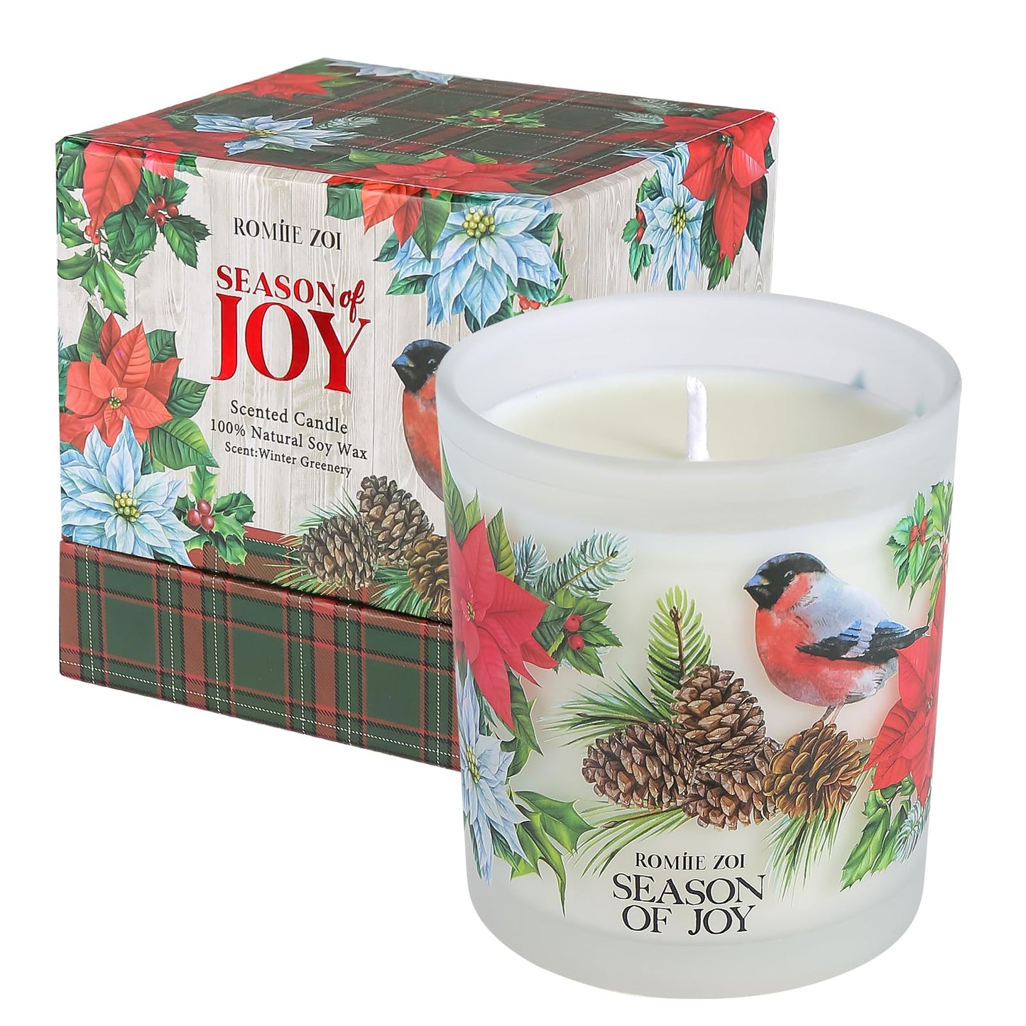 ROMIIE ZOI Christmas Scented Jar Candle - 6oz Soy Wax Candle - Season of Joy Infused with Winter Greenery Aroma - with Beautiful Keepsake Box Special for Christmas/Holiday Gifts
