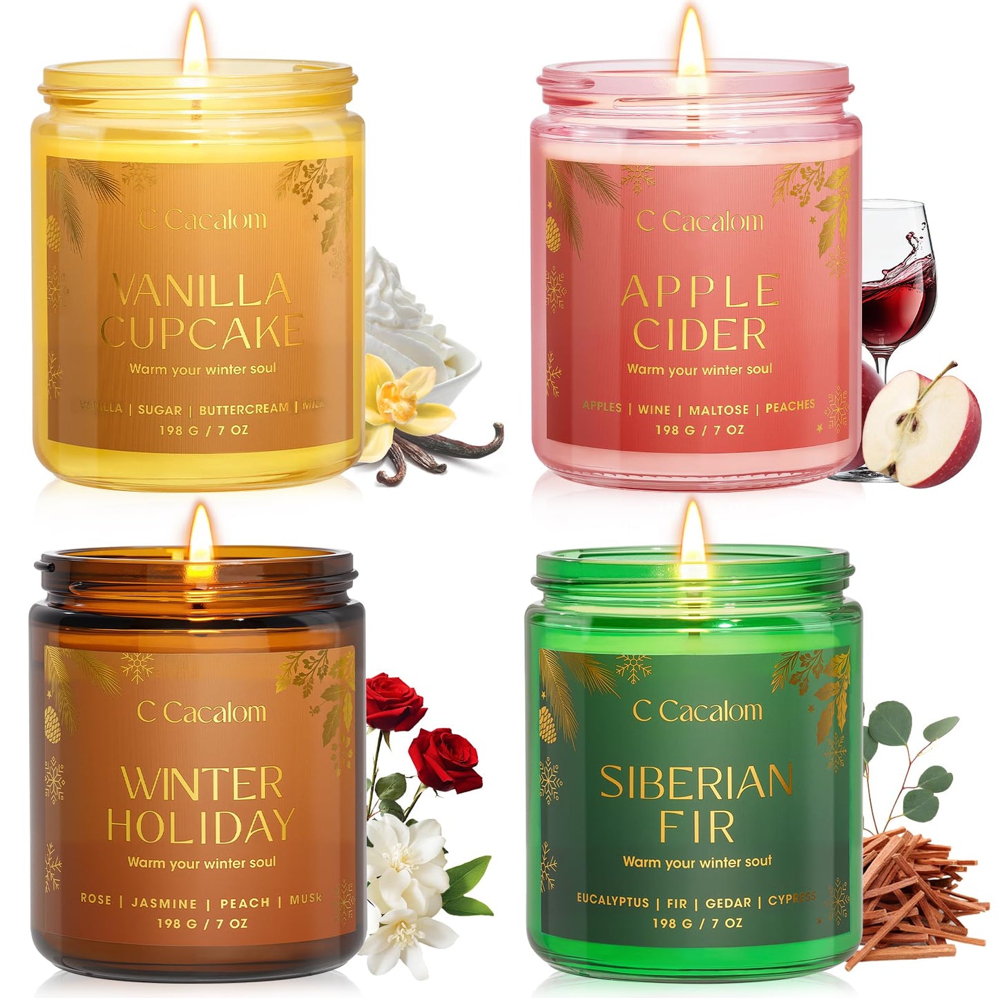 Winter Scented Candles, Holiday Candles for Home, Aromatherapy Soy Candles Gifts Set for Women Men, Vanilla/Fir/Apple Cider/Winter Holiday