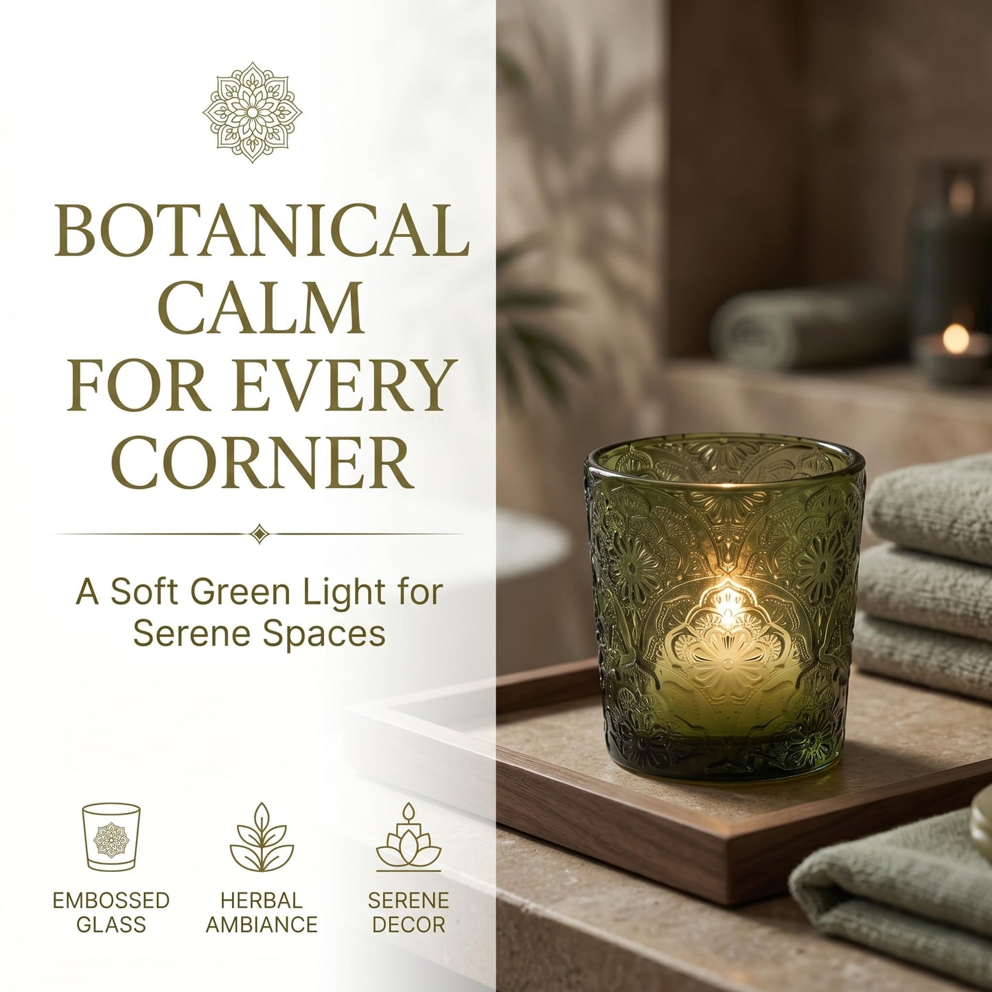6 Pack Mandala Embossed Glass Candle Holders – Votive Tealight Holders with Patent Design, Decorative Embossed Glass Cups for Wedding Centerpieces, Parties, and Home Décor (Moss Green)