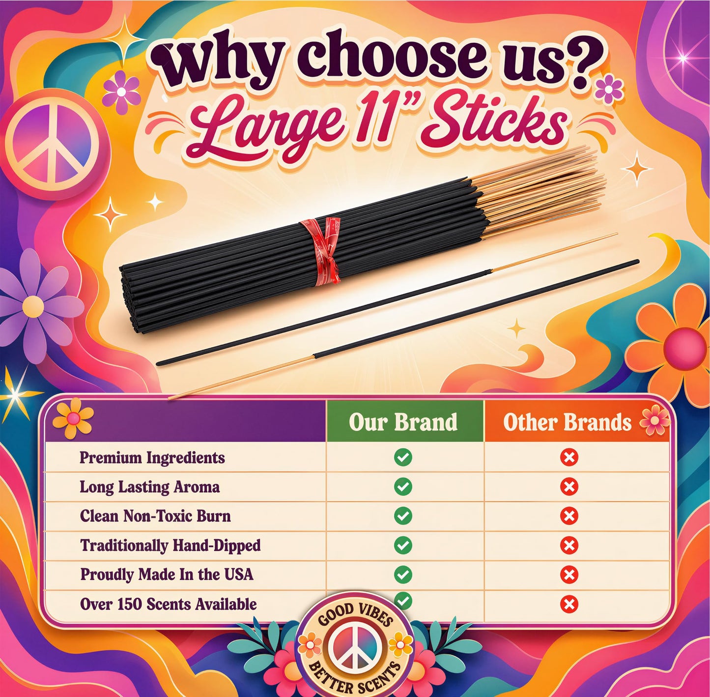 White Tea and Thyme Incense Sticks 11" - 1 Bundle 85 to 100 Sticks - Smooth and Clean Long Burn Time, 45 to 60 Minutes.