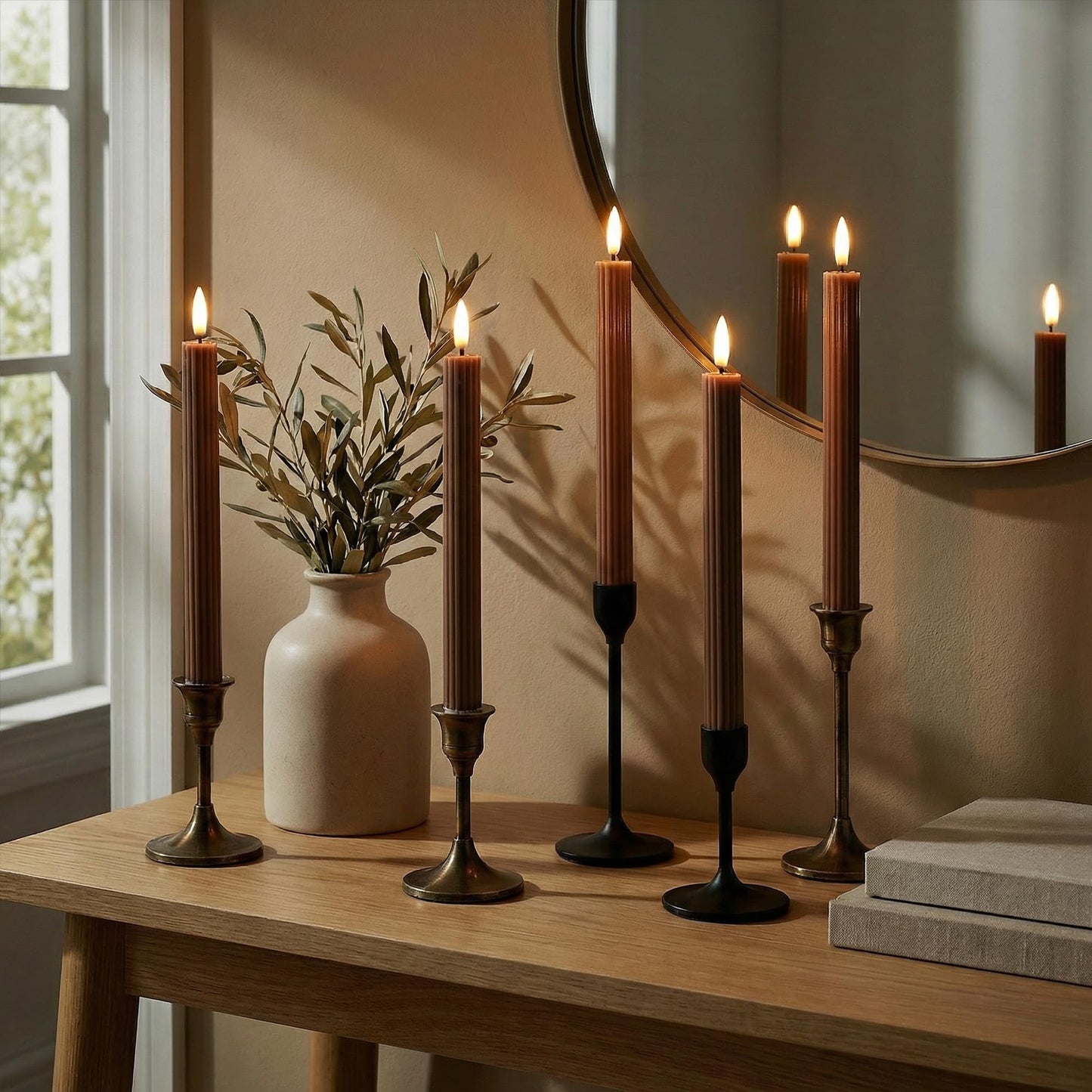 West Ivory 6 Pack, 10" LED Flameless Brown Tan Fluted Ribbed Grooved Taper Candles, Remote & 24h Timer Memory, On/Off Button, Dimmable, Flicker Mode, Battery Operated, Christmas Menorah Wedding