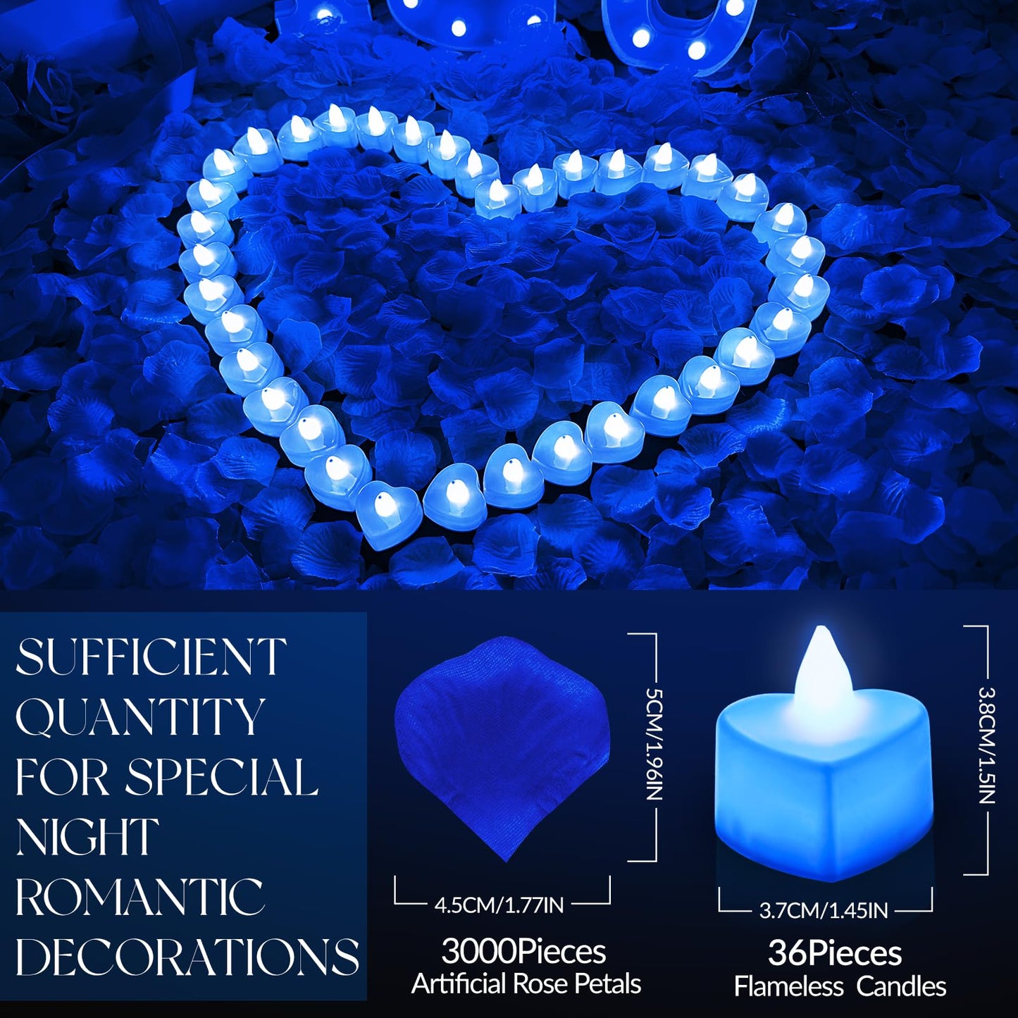 3000Pcs Blue Rose Petals with 36Pcs LED Tea Lights Candles, Romantic Gifts for Her, Special Night, Date Night Ideas, Wedding, Anniversary, Proposal