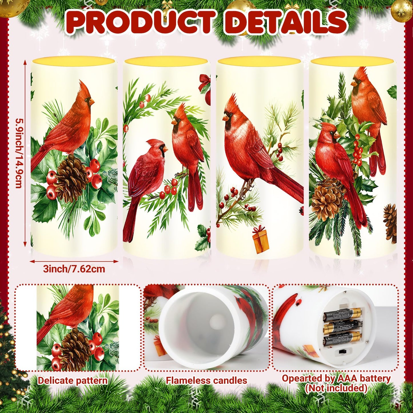 Tiamon 4 Pcs Christmas Red Bird Candles LED Bird Theme Flameless Candles Set LED Warm Light Flickering Xmas Pillar Decor for Holiday Table Decorations