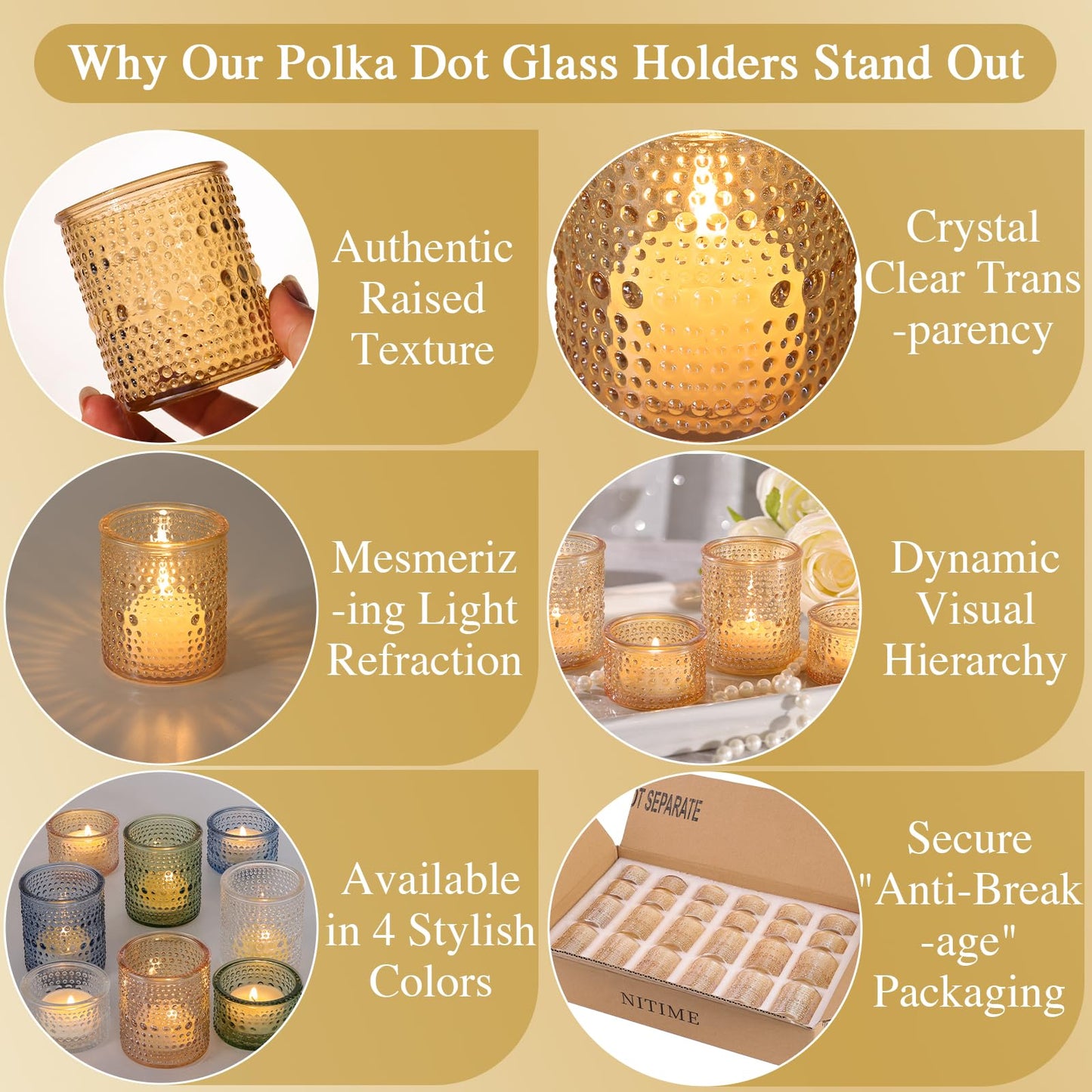 NITIME 24pcs Gold Assorted Votive Candle Holders, Polka Dot Tea Light Candle Holder Glass for Wedding Centerpieces, Gold Candle Holder for Table Centerpiece, Party, Holiday and Home Decor