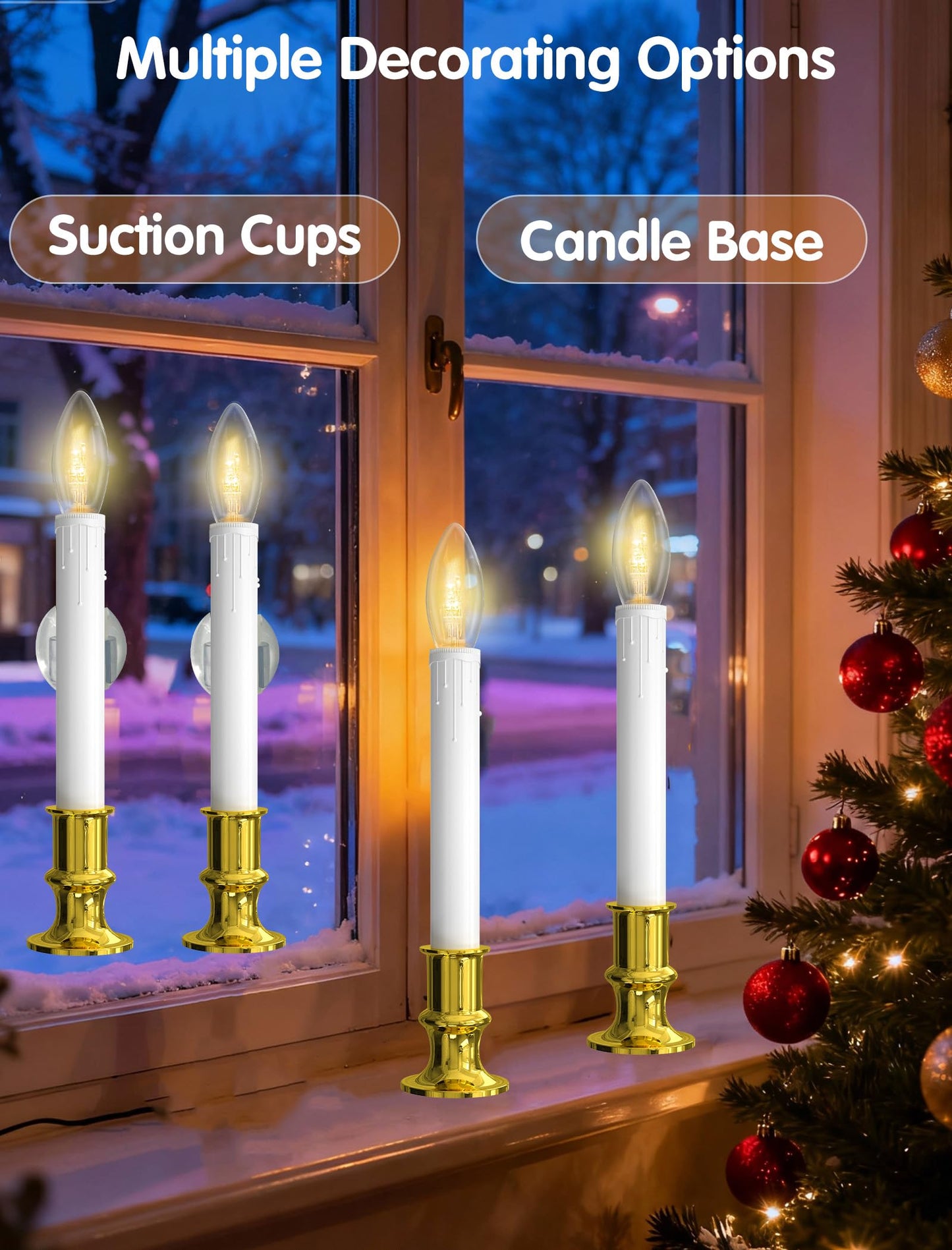 Romasaty 4 Pack Christmas Window Candle Lamps, Battery Operated Window Candle Lights with Automatic Timer and C26 3V LED Bulbs Candlestick for Indoor Windows Table Decor, 4 Suction Cups