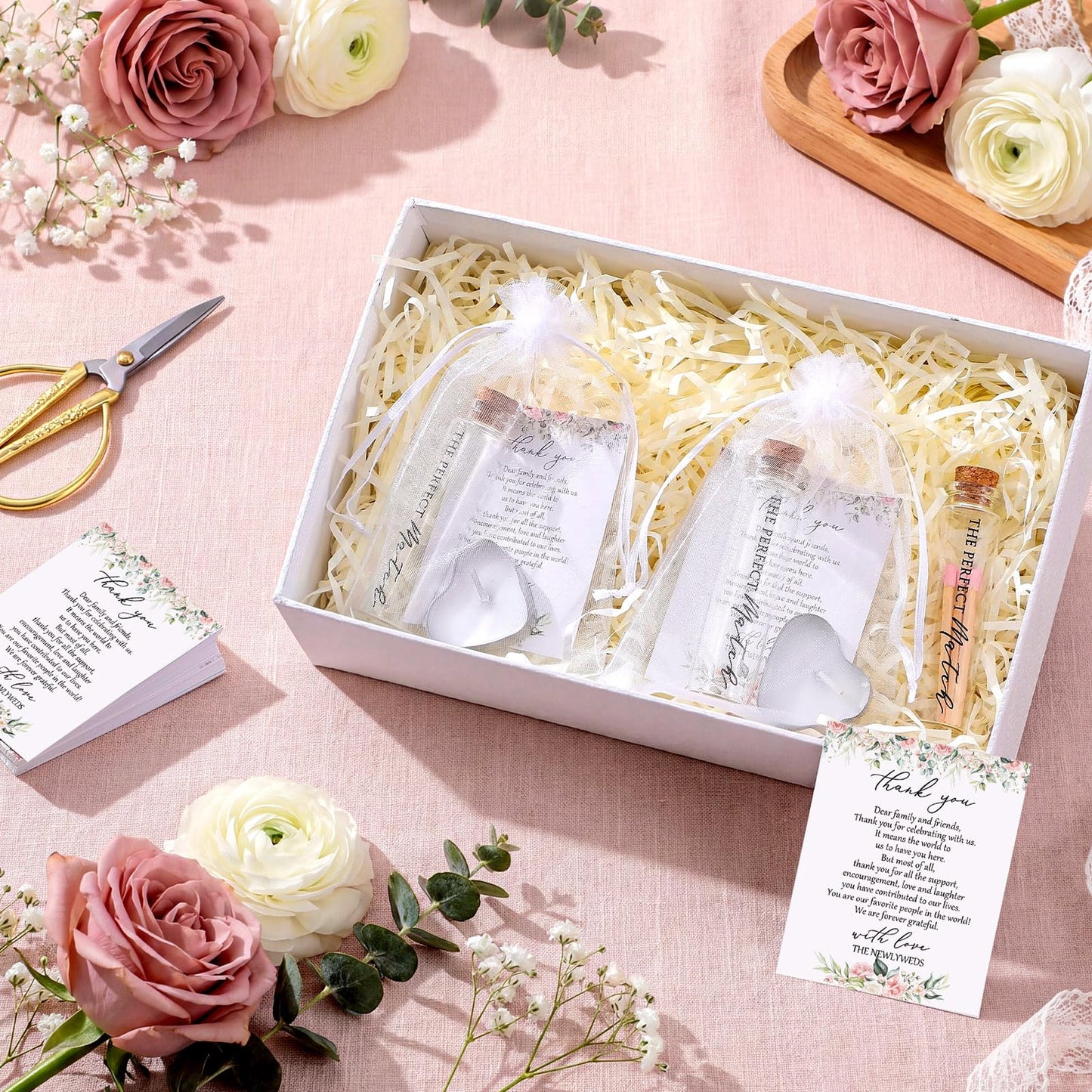 Wovnet 50 Sets Wedding Party Favors for Guests Bulk Including Heart Shaped Candles and Empty Matches Jars with Cork Top Thank You Cards and Organza Bags for Wedding Bridal Shower Party (Flower)