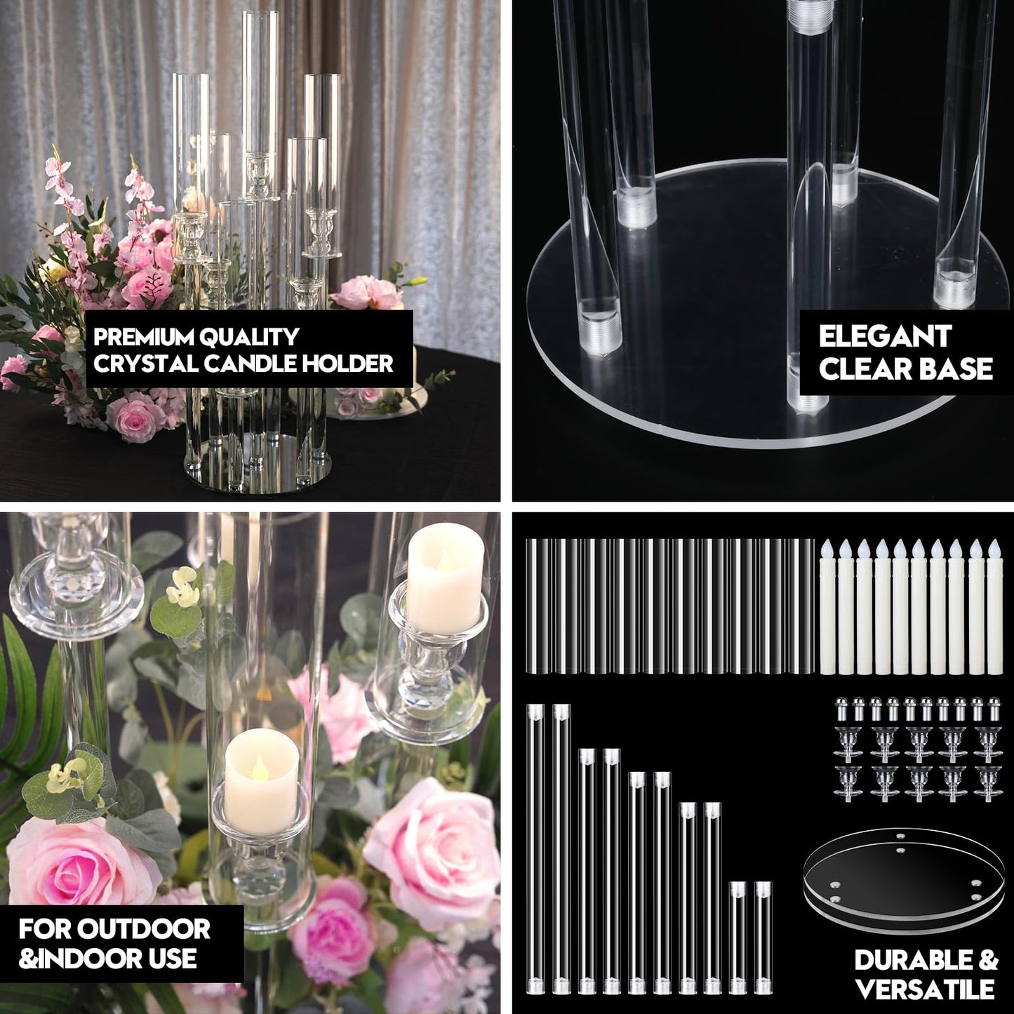 2 Set 5 Arm Acrylic Candle Holder with Candles, Mjkeomo 22.8'' Tall Table Candelabra Centerpiece, Lightweight Candelabra with Lampshades for Fireplace Mantel, Wedding, Housewarming Gift