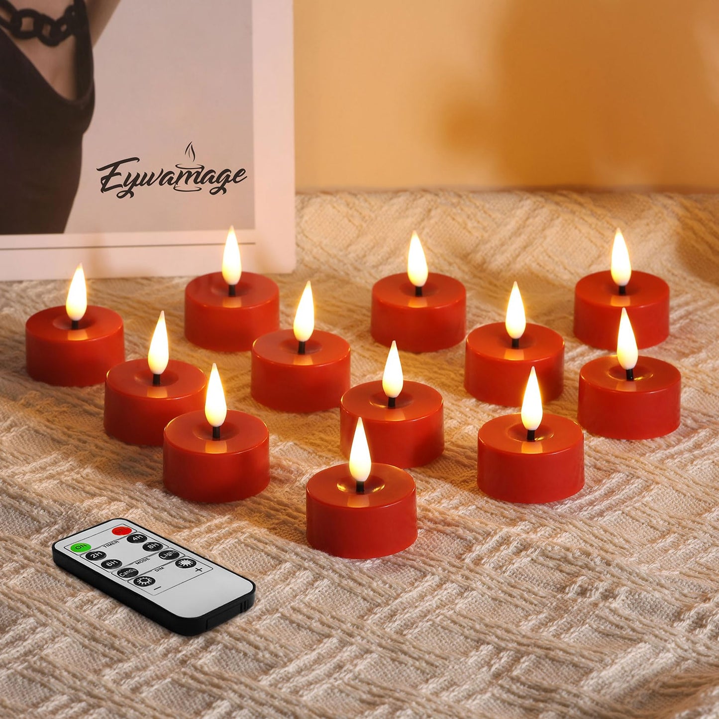 Eywamage Red Flameless Tealights with Remote Batteries, Flickering LED Tea Lights Votive Candles Proposal Decor Set of 12