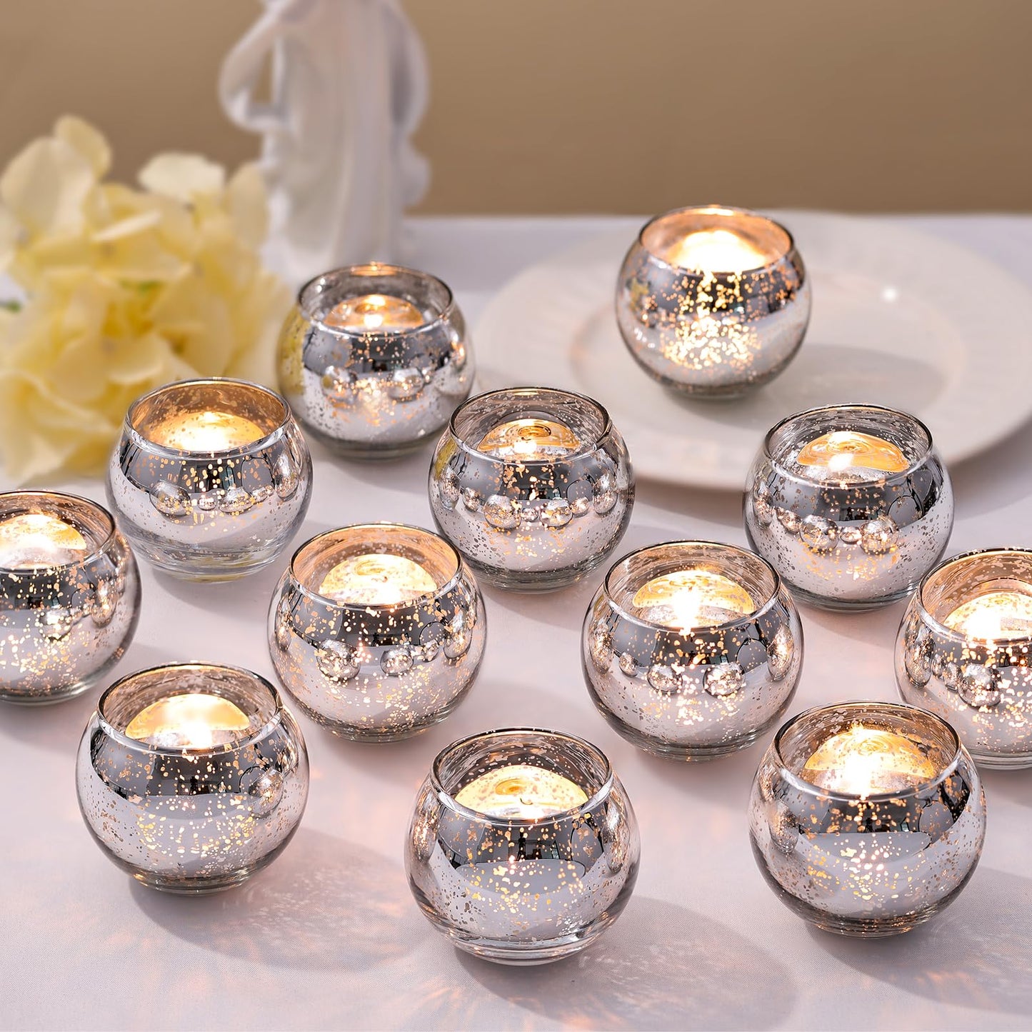 LETINE 36pcs Silver Votive Candle Holders - Elegant Mercury Glass Tea Light Candle Holder Set for Spring Summer Weddings, Holiday Season Decorations, Valentine's Day Table Centerpieces