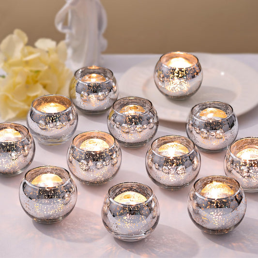 LETINE 36pcs Silver Votive Candle Holders - Elegant Mercury Glass Tea Light Candle Holder Set for Spring Summer Weddings, Holiday Season Decorations, Valentine's Day Table Centerpieces