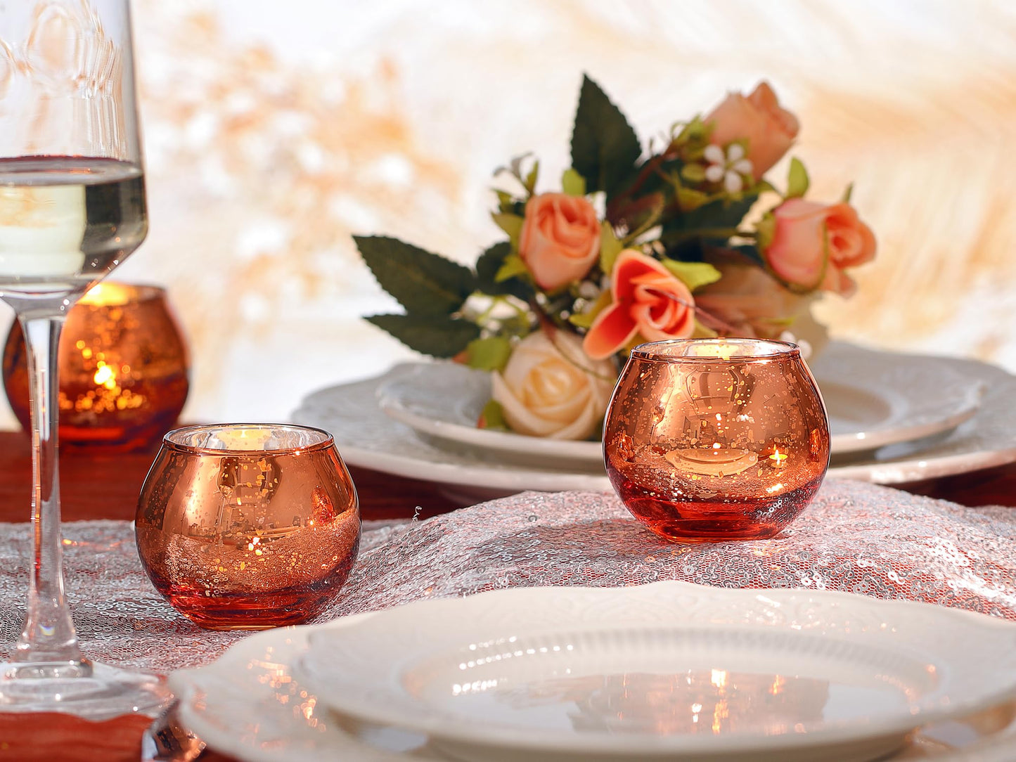 LAMORGIFT 24 Pcs Burnt Orange Candle Holders- Mercury Glass Candle Holders for or Boho Wedding Centerpieces, Bridal Shower, Party Table Decor, Fall and Holiday Home Decoration