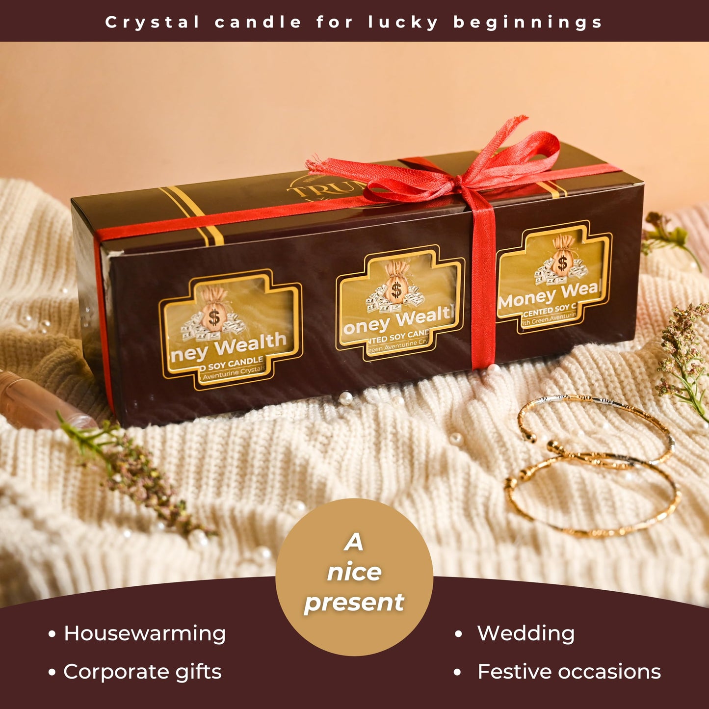 Money Wealth - Crystal Candles for Home Scented - Pack of 3 x 5oz Soy Wax Natural Clean Organic Non Toxic with Essential Oils - for Cash Luck Manifestation - Long Lasting Candel