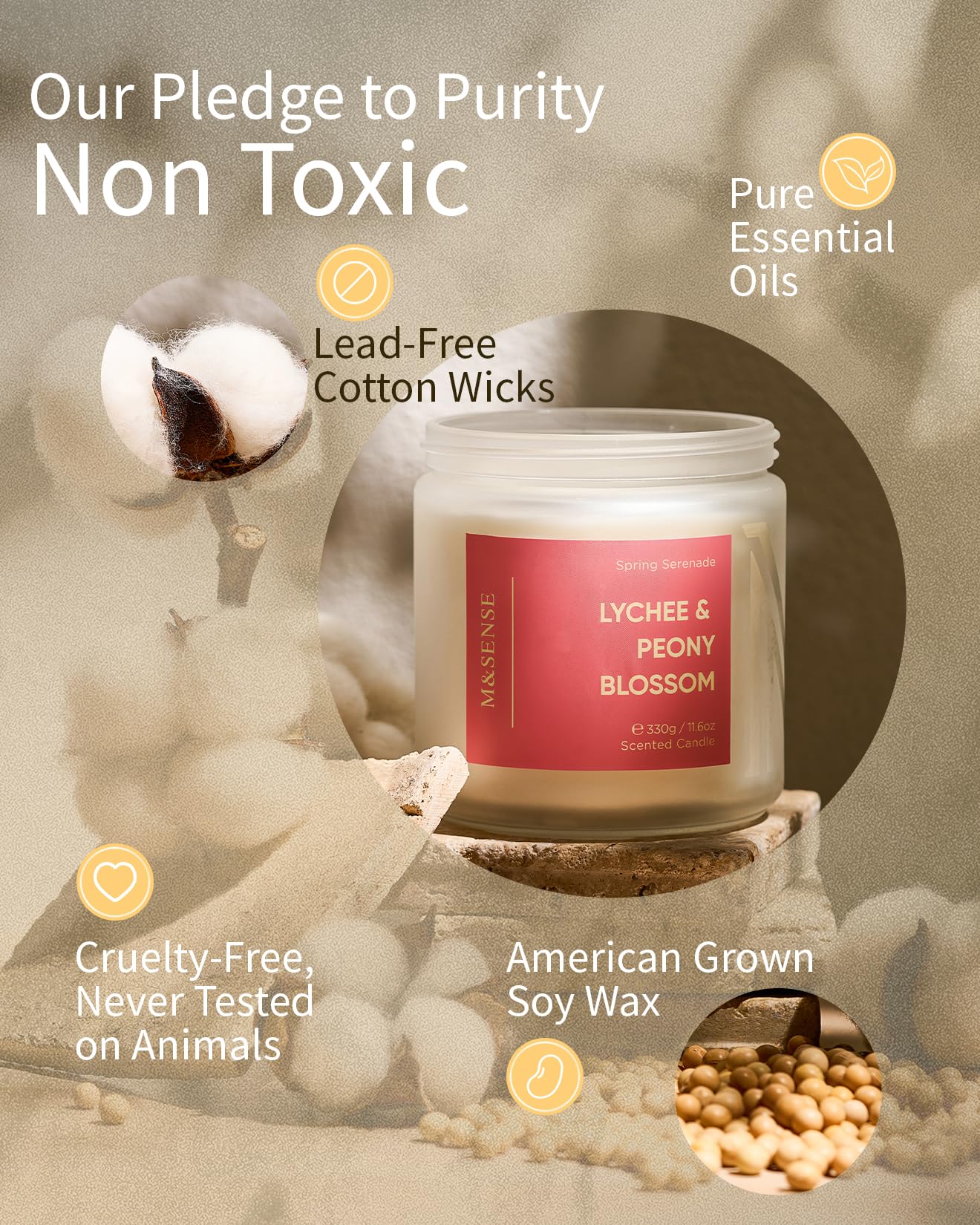 M&SENSE Lychee Peach Blossom Scented Candle, 70-Hour Burn Time & Non-Toxic Natural Soy Wax, 11.6oz 2-Wick Candle for Stress Relief & Spring Home Refresh, Floral Fruity Gift for Mom