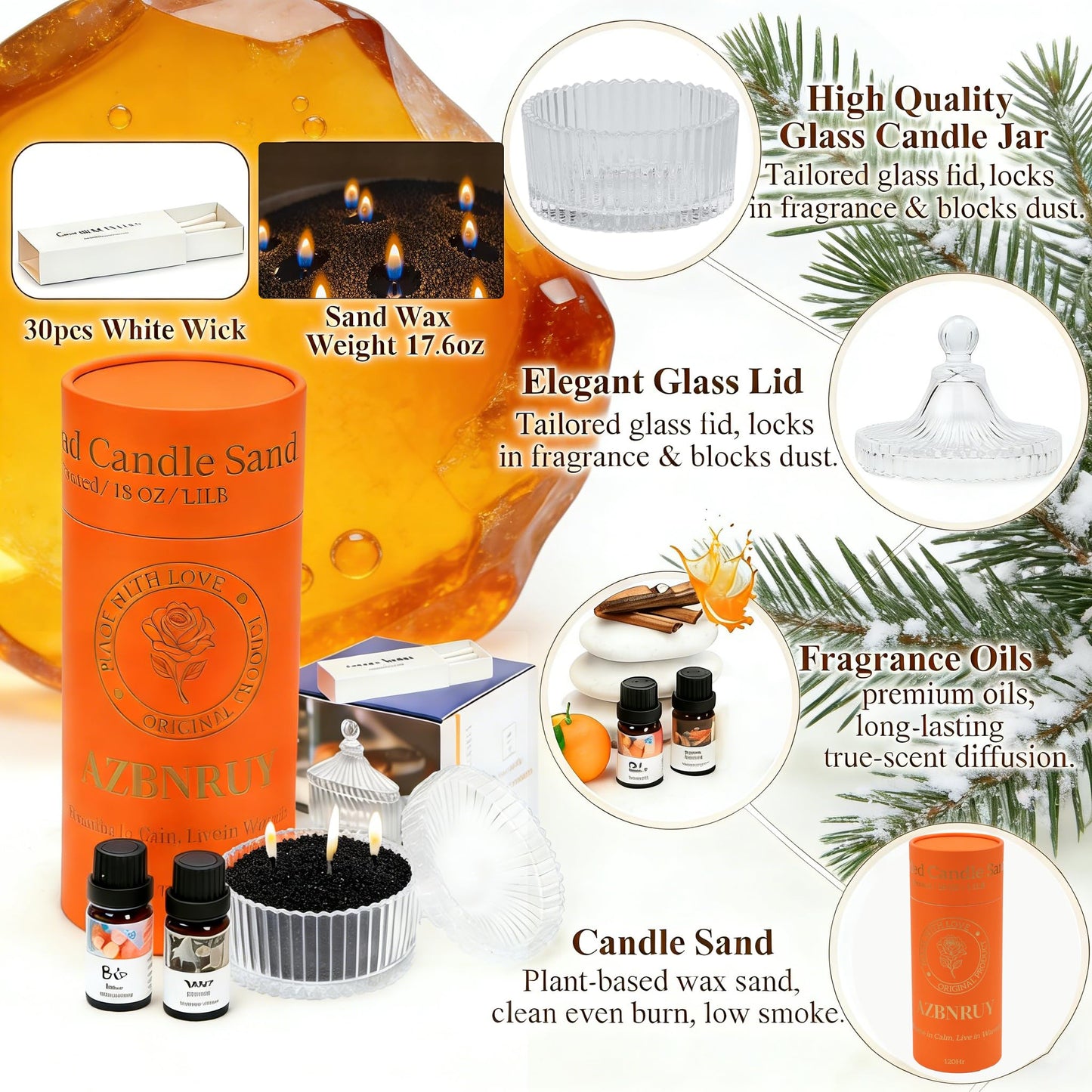 Pearled Candles Sand and 30 Wicks 18 Oz-Refillable Amber & Cedar Scented Pearled Candle Non Toxic Luxury Long Lasting 120 Hours-Scented Pearl Powder Wax Sand Candle Beads Kit for Candles Making Kit