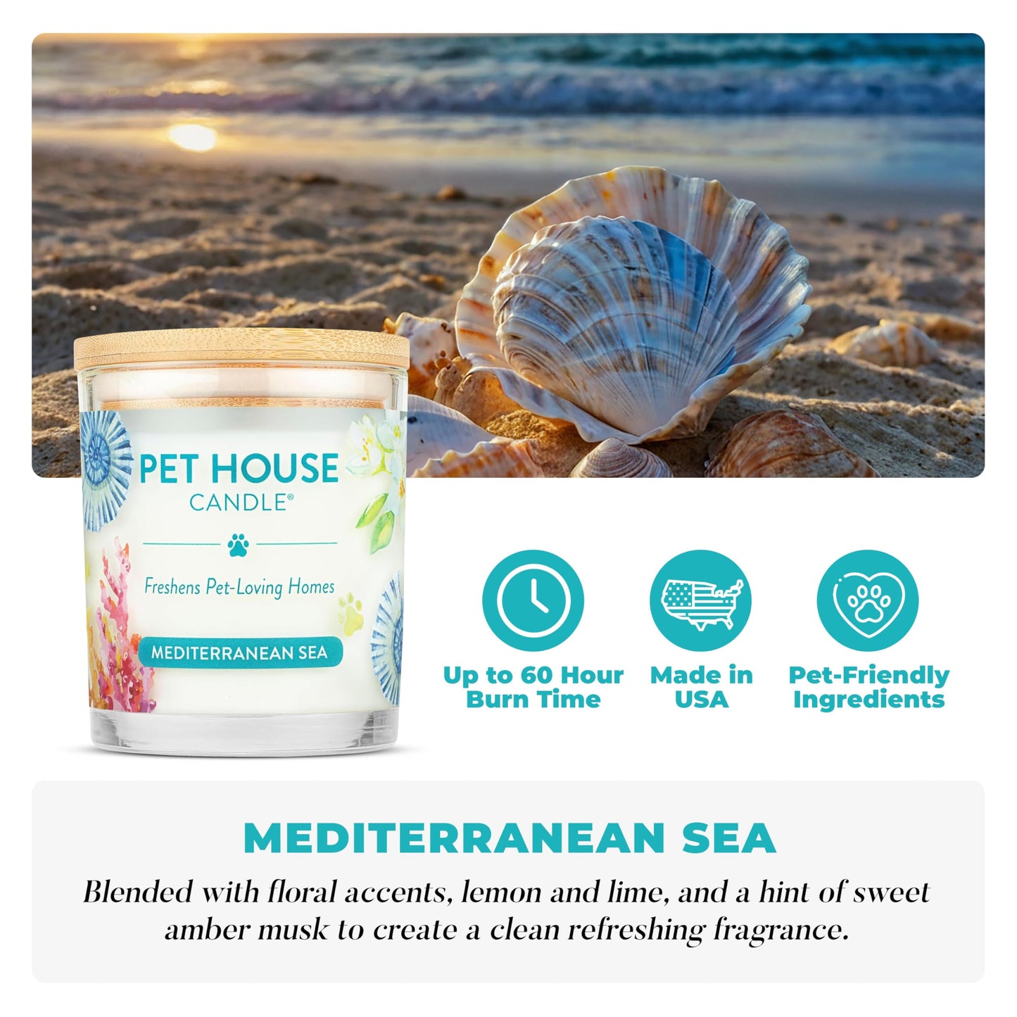 Pet House Scented Candles, 100% Plant-Based, Long Lasting Candle with a 60 Hour Burn Time, Made for Pet Odors - Mediterranean Sea