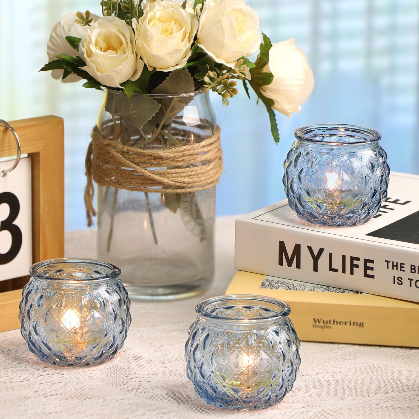 DARJEN Blue Votive Candle Holders Set of 24- Round Glass Candle Holders Bulk for Tea Light Candle, Diamond Texture Candle Votives for Wedding Centerpiece, Party & Home Decor