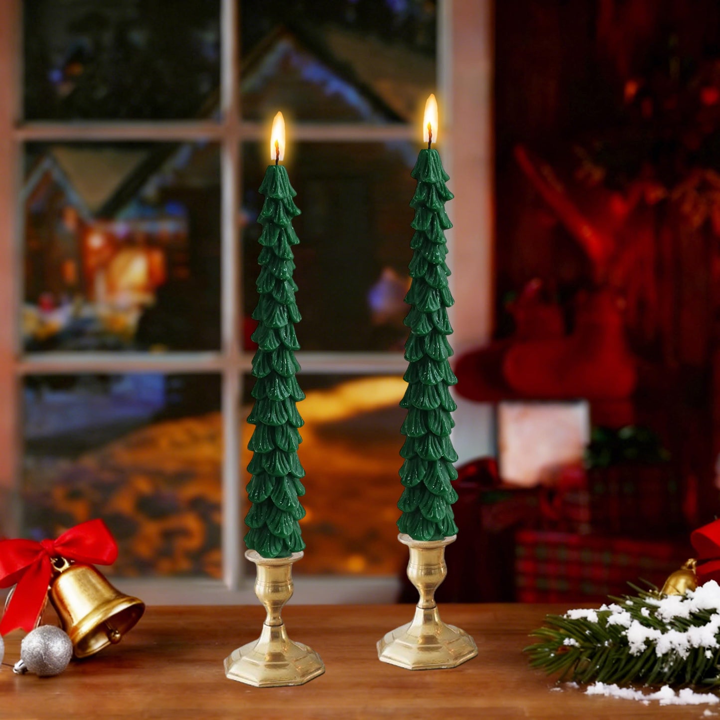Green Christmas Tree Shaped Taper Candles 10 Inch Xmas Eve Holiday Candle Unscented Candlesticks for Christmas Party Room House Kitchen Decor Wedding Decorations Gift, 2 Pack