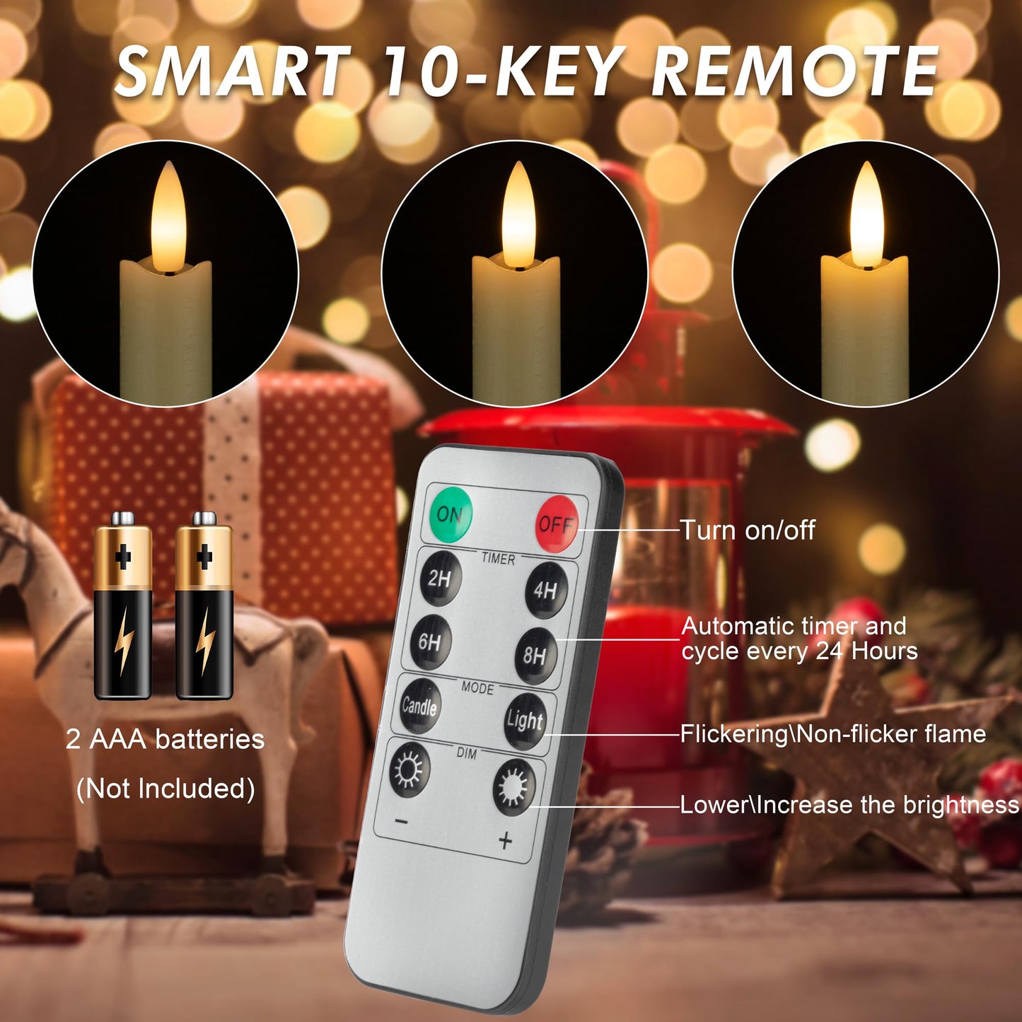 AFINETH Flameless Taper Candles with Rmote, 9.6" Real Wax Battery Operated Candles with 3D Wick, 3 Pack Led Flickering Candlesticks, Electric Candle for Home, Wedding, Party Decor, Ivory