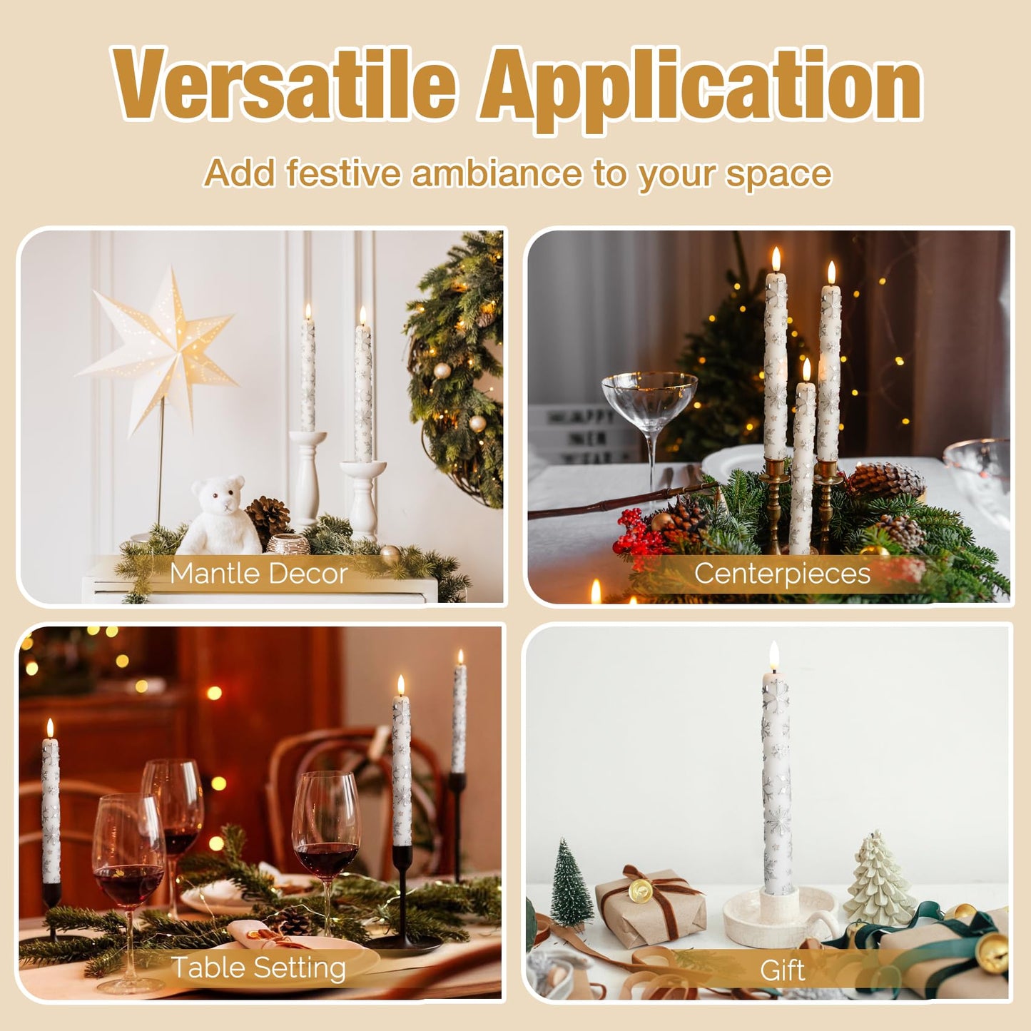 Eywamage White Snowflakes Christmas Flameless Taper Candles with Remote, Flickering LED Wax Candlesticks Set of 4