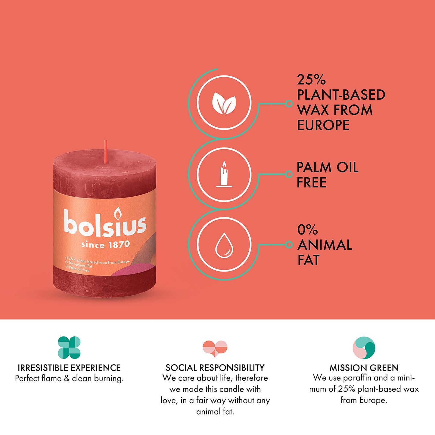 BOLSIUS 4 Pack Delicate Red Rustic Pillar Candles - 2.75 X 3.25 Inches - Premium European Quality - Includes Natural Plant-Based Wax - Unscented Dripless Smokeless 35 Hour Party Décor Candles
