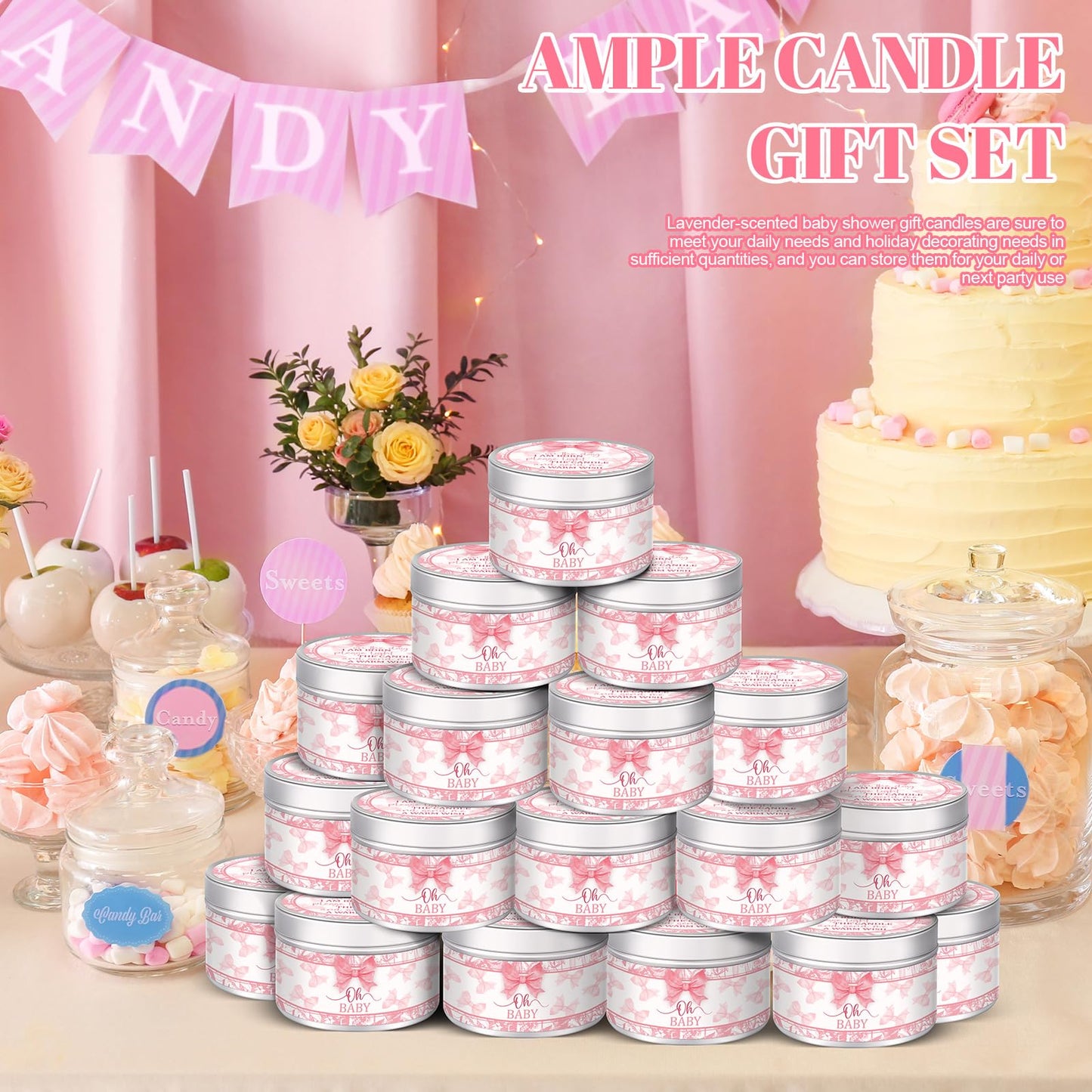 MTLEE 24 Pcs Bow Baby Shower Party Favors Candles Lavender Scented Baby Shower Favors for Guests Rustic Tealights Candles Gender Reveal Return Gifts (1.2 oz, Pink)