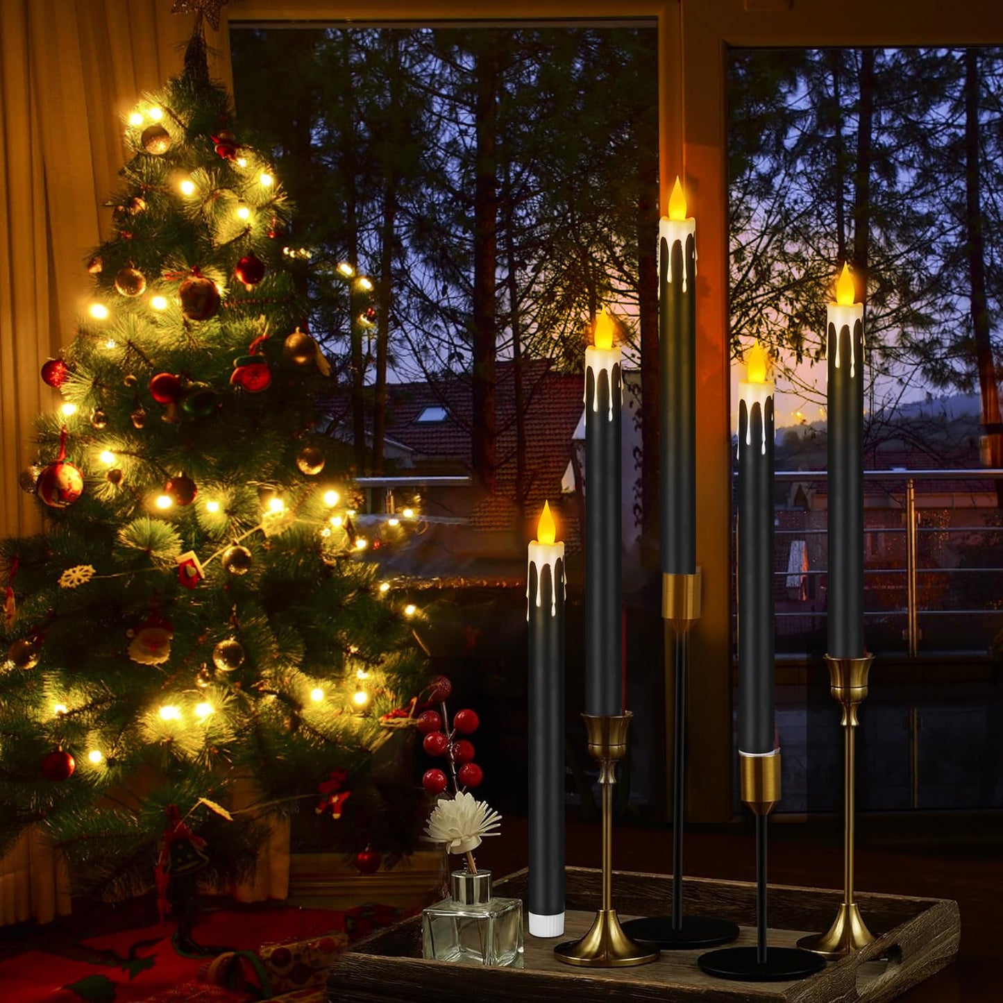 wemarry Flameless Taper Candles 10.6" Dripless Battery Operated Taper Candles Included Remote Timer 400+ Hours by 2AA Batteries for Halloween Christmas Wedding (Black+White, 24 Pack)