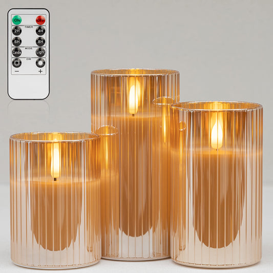 ANGELLOONG Glass LED Flameless Candles Battery Operated with Remote Control, Flickering Candles with Timer, Electric Gold Candles for Home Bathroom Fireplace Decor, Set of 3