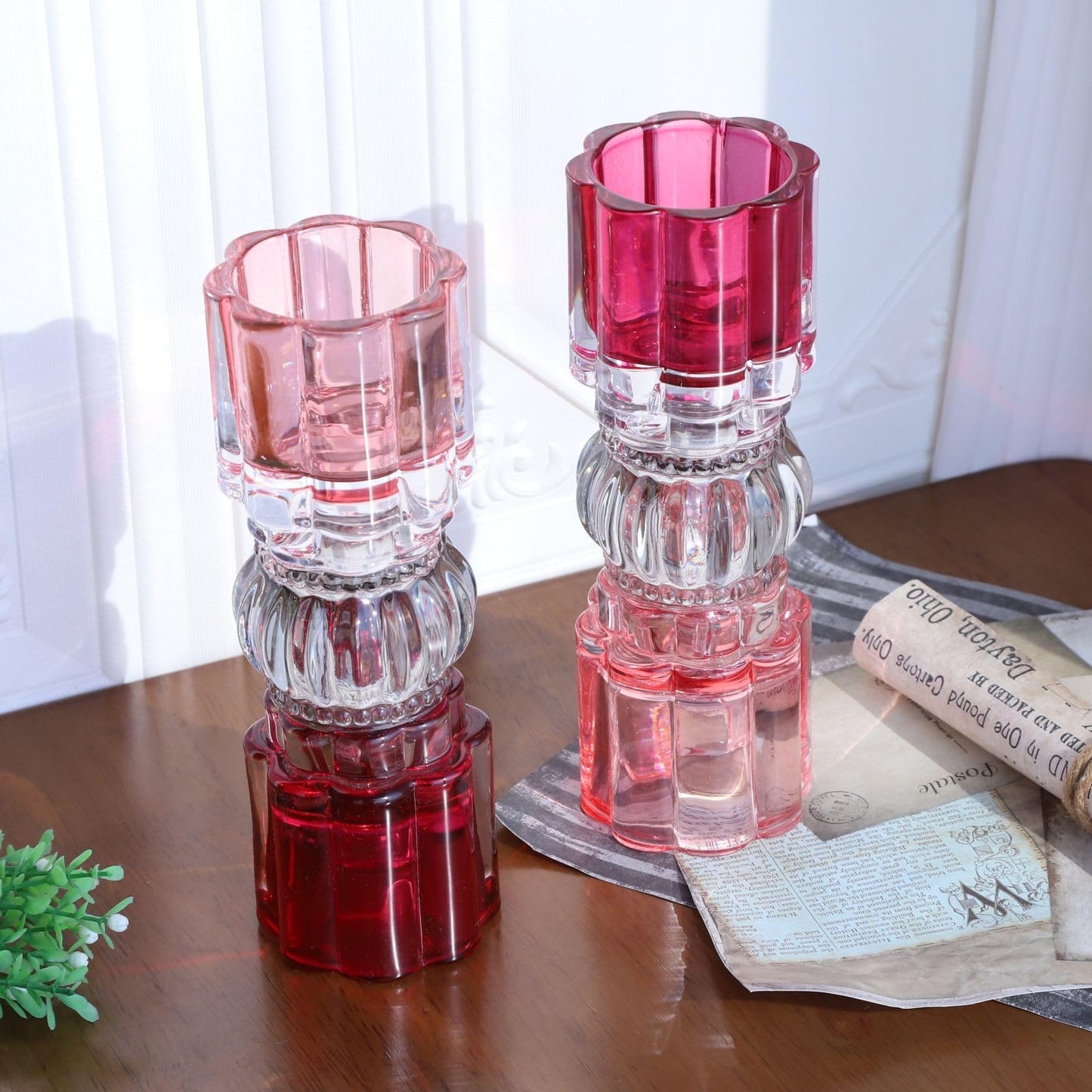VOHO Pink Candle Holder for Valentines Day Decorations, Set of 2 Heavy Glass Votive Candle Holders Decor for Room Table, Romantic Tealight Candle Holder Gifts for Her(7.87x2.75 in W/H, Shades of Pink)