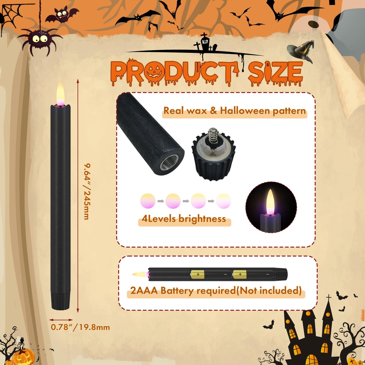 AFINETH Black Flameless Taper Candles with Remote, 9.6" Halloween Battery Operated Candles 3D Wick, 6 Pack Real Wax Led Candlesticks Flickering Electric Candle for Halloween, Home, Party Decor