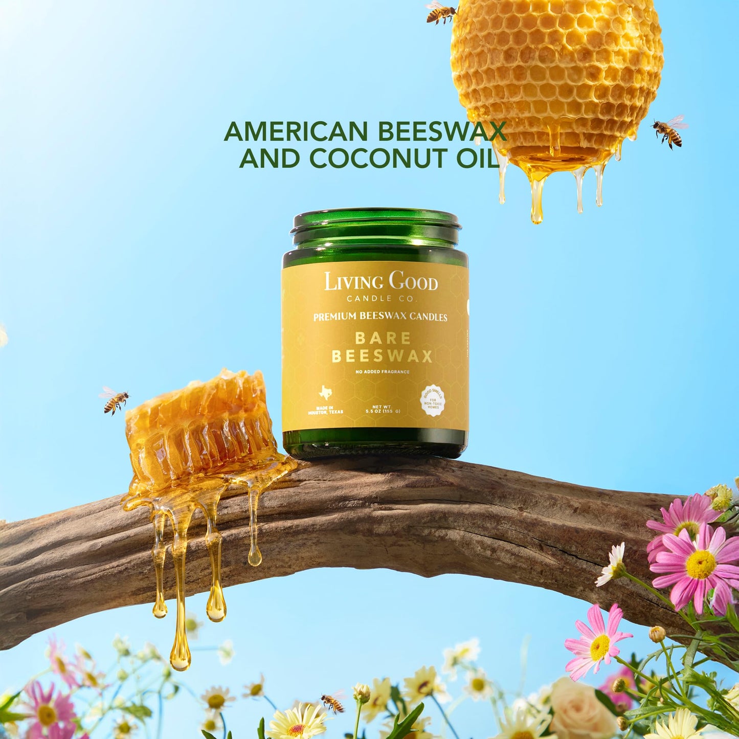 Bare Beeswax – Unscented American Beeswax Candle with Coconut Oil, Non Toxic Candle, Clean Burning Candle for Sensitive to Scents, Fragrance Free, Natural Honey Aroma - 5.5 OZ