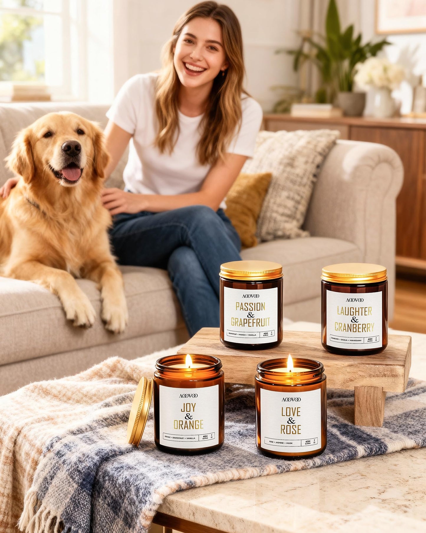 AOOVOO Candle Set - 4PC Scented Candles, 28 oz Soy Candles, Soy Candle for Home Scented, Joy Orange/Laughter Cranberry/Love Rose/Passion Grapefruit