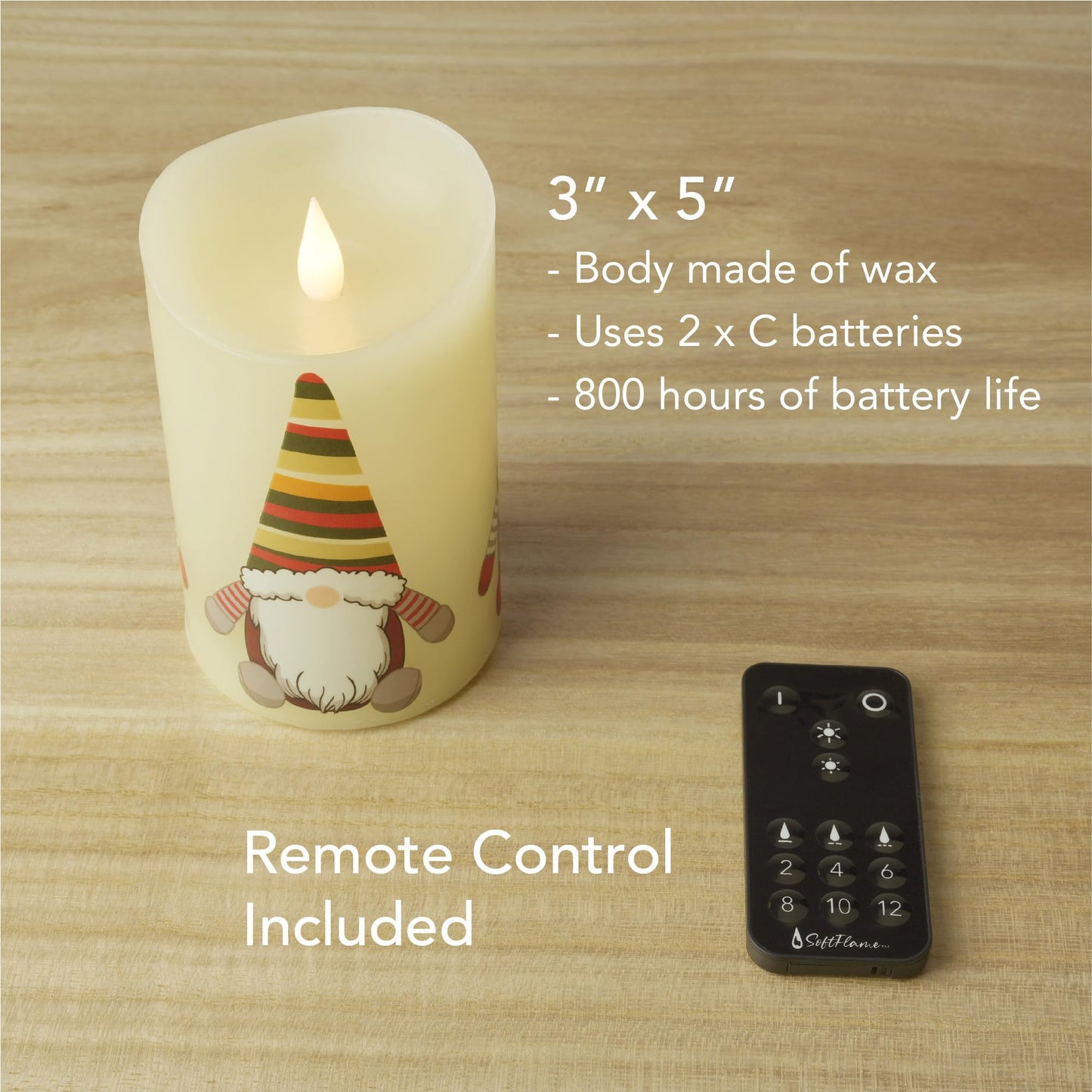Softflame Christmas Flameless Candles with Remote Control, 3"x 5"Battery Operated Flickering 3D Wick Real Wax Pillar Christmas Gnome Candle