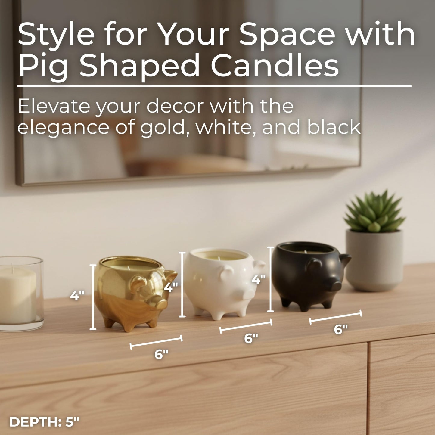 Ceramic Candle Set – Scented Candle for Relaxation and Soft Ambience, Living Room or Bedroom Decor Placement, Pig Animal Shaped Home Decor Design Accent – 4x6, Black, Gold & White Trio