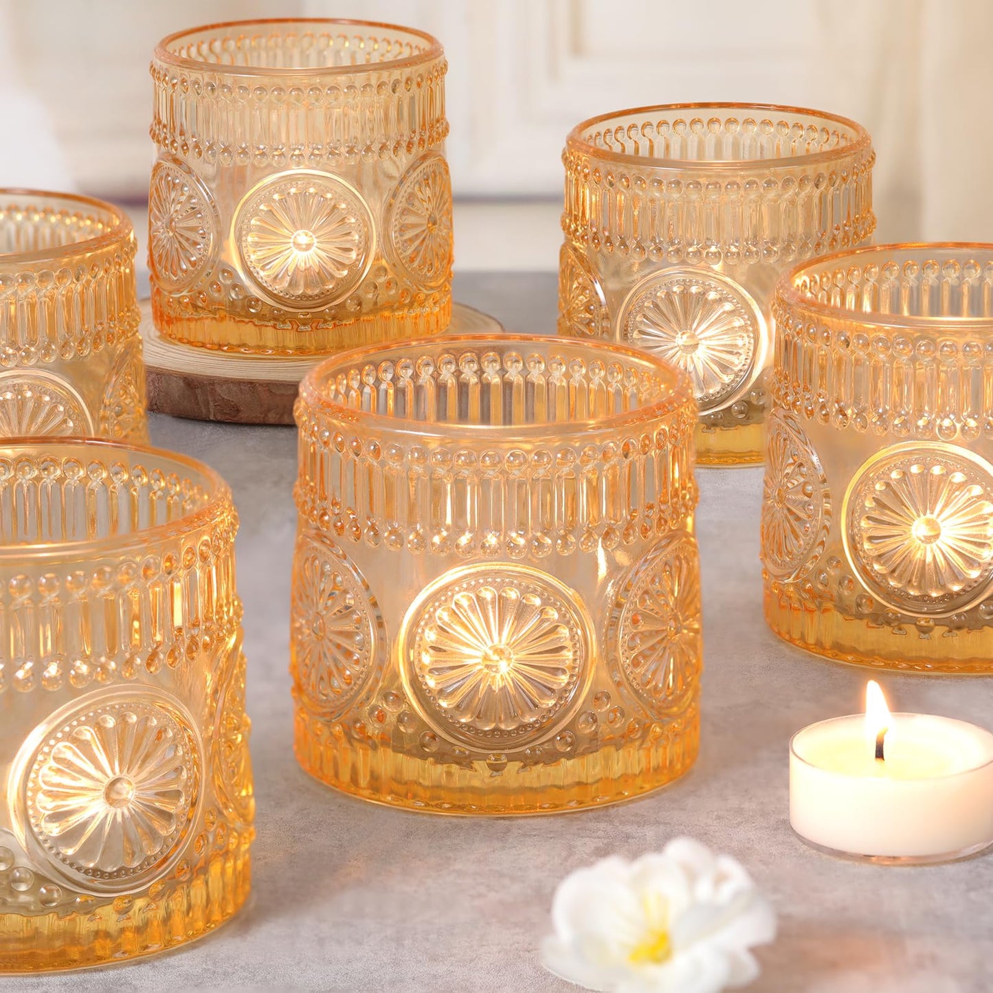 Sunnyfuture 6Pcs Large Votive Candle Holders Orange Glass Tealight Candle Holders for Wedding, Table Centerpiece, Party, Birthday, Home Decor