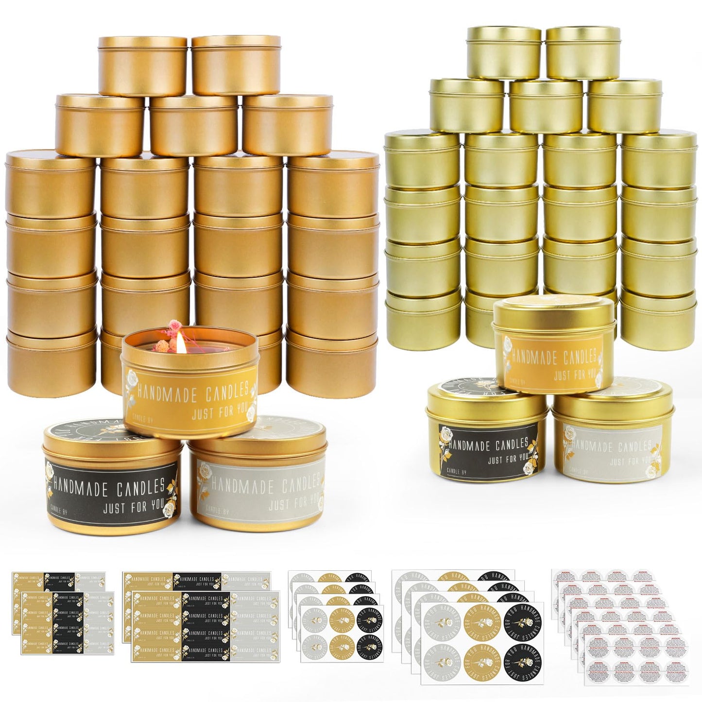 CONNOO 48 Pack Candle Tins - 24pcs 8oz + 24pcs 4oz Matte Gold Candle Jars with Lids for Making Candles, Bulk Empty Candle Containers with Sticky Warning Labels for Candle Making, Storage, and Gift