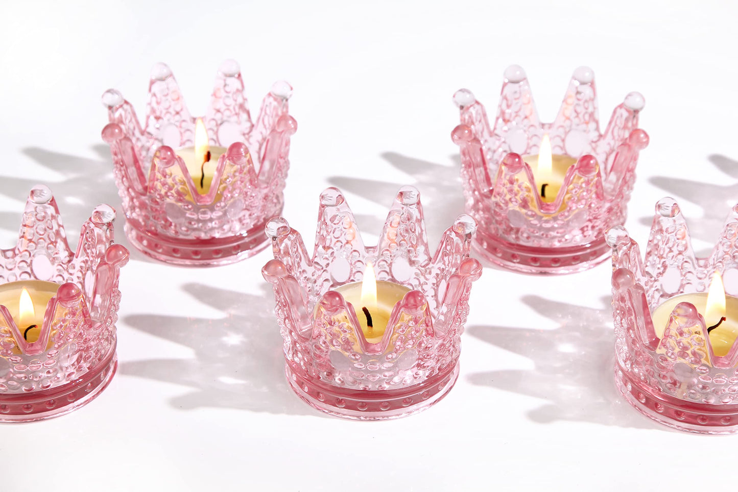 Vixdonos Votive Candle Holders Set of 6 Crown Glass Tealight Candle Holder for Wedding, Party and Home Decor (Pink)