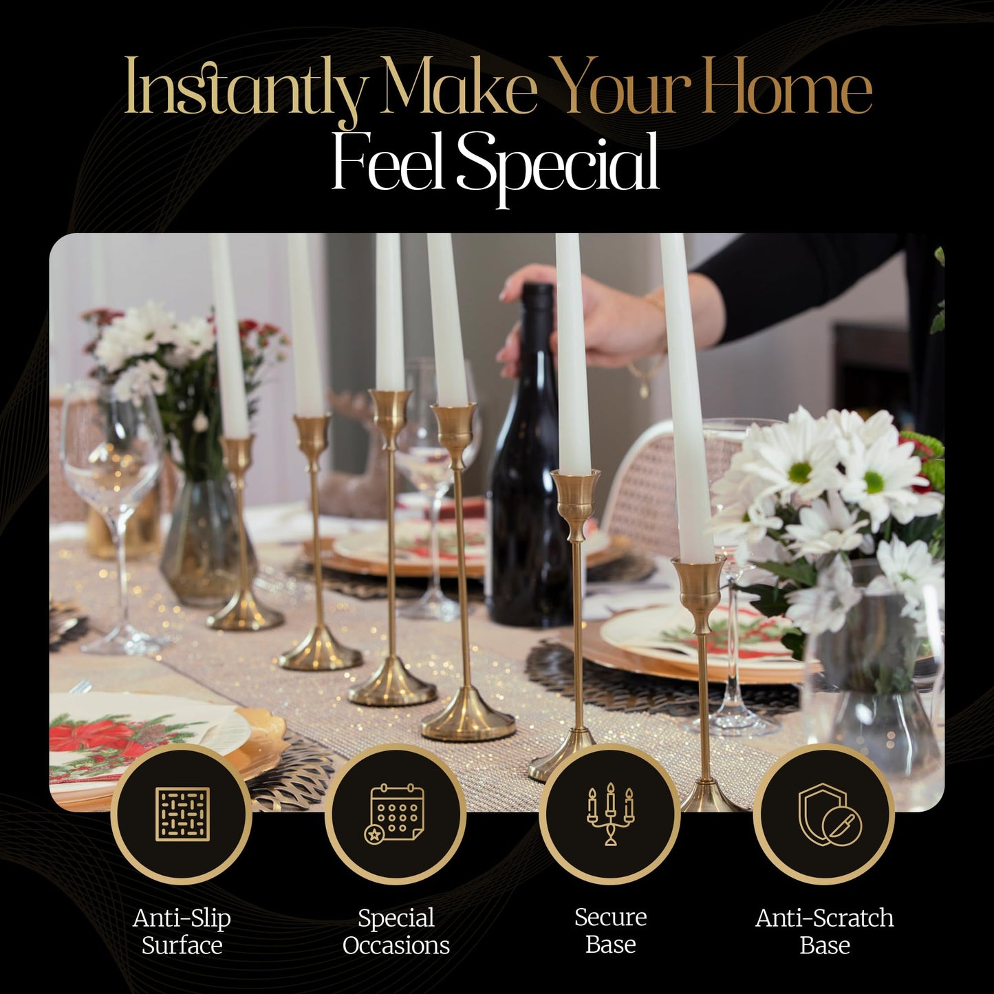Gold Candleholders for Taper Candlesticks Plus Candle Snuffer – Dining Table Décor Centrepiece - Brass Candelabra Candlestick Holder - Gold Décor for Home Weddings Celebrations Events (Set of 6 Pcs)