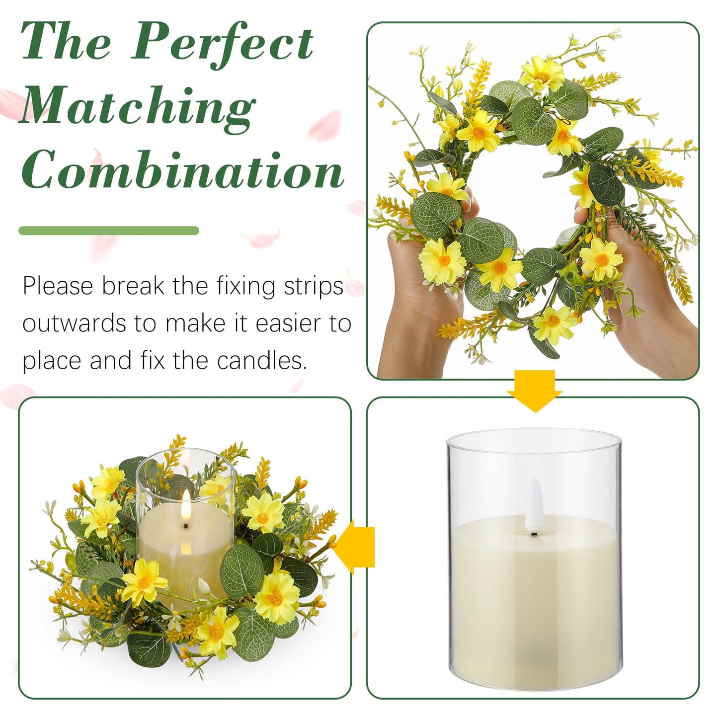 Yunlly 4 Pcs Artificial Daisy Candle Rings Wreaths, Yellow Flower Wreaths with Eucalyptus and Berry Greenery Garland with LED Flameless Candles for Spring Summer Easter Wedding Home Table Decor