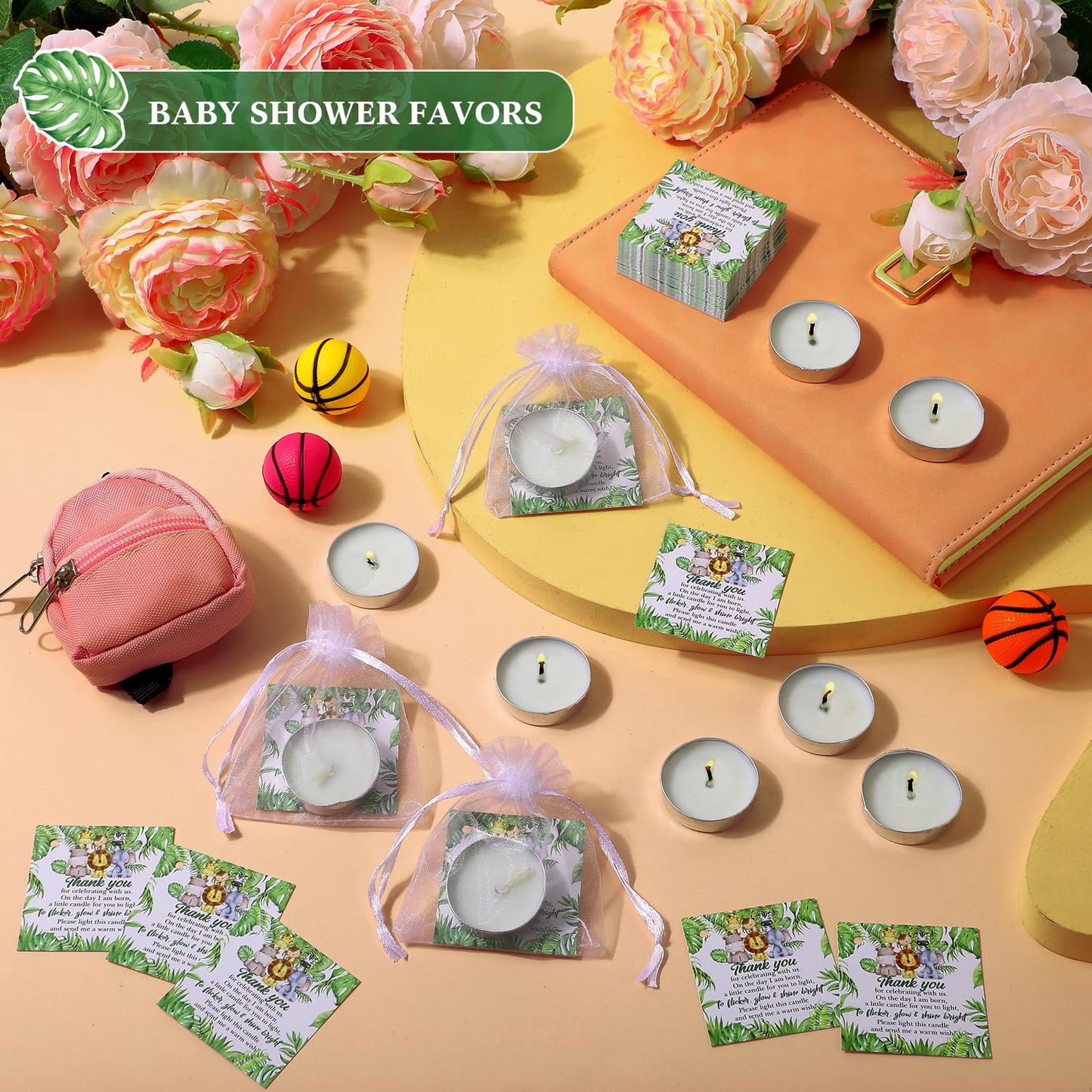 MTLEE 50 Sets Baby Shower Party Favors Candles Including 50 Pcs Tealight Candles Thank You Cards Baby Shower Bags for Guests Prizes Gender Reveal Party Decorations(White,Animals)