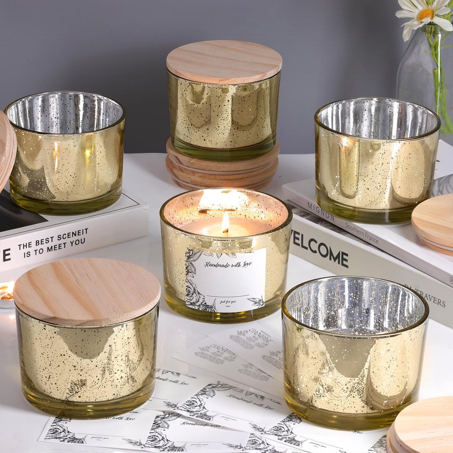Simeitol 16 OZ Gold Candle Jars for Making Candles 6 Pcs, Glass Candle Jar with Airtight Bamboo Lids - Empty Candle Jars Bulk with Sticky Warning Labels - for Home, Wedding, Christmas Decoration