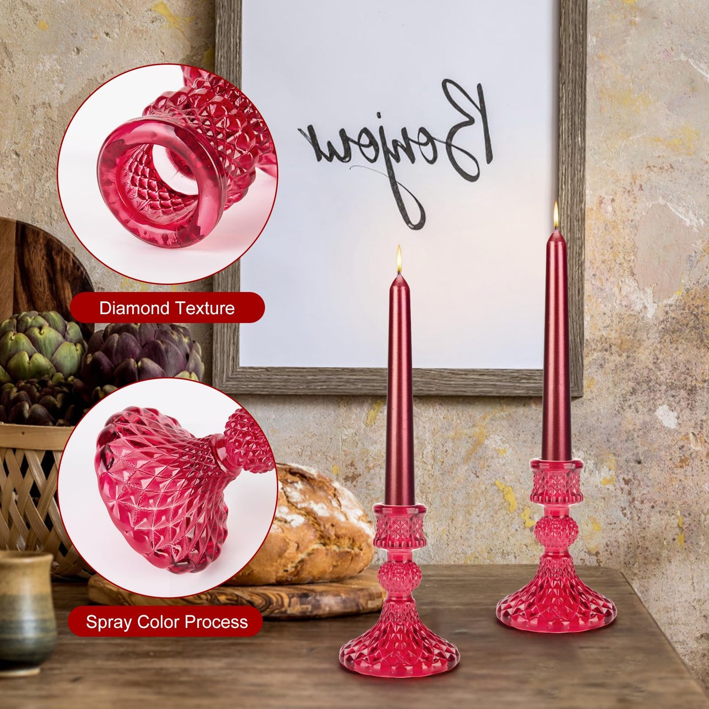 Glass Candle Holder, 2PCS Decorative Candle Sticks Pillar Candle Stand for Formal Events Wedding Party Table Centerpieces Home Decoration, Red